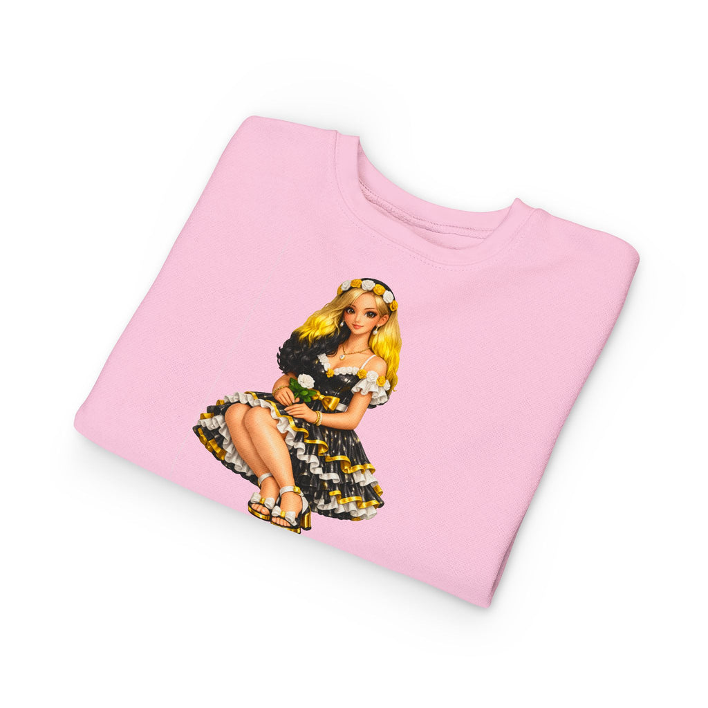 Toddler Sweatshirt — Vintage Doll in Yellow & Black Floral Dress Kids Pullover