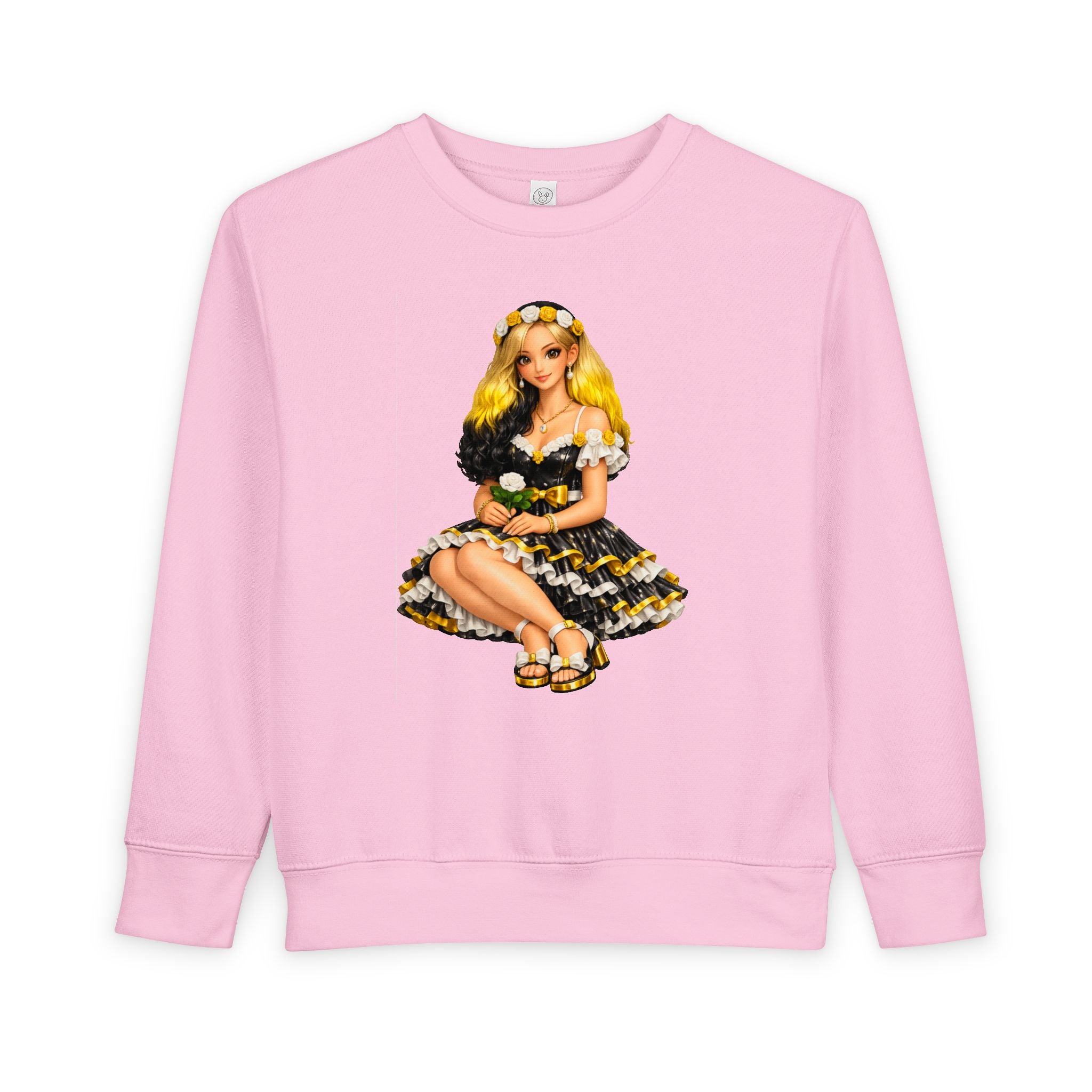 Toddler Sweatshirt — Vintage Doll in Yellow & Black Floral Dress Kids Pullover
