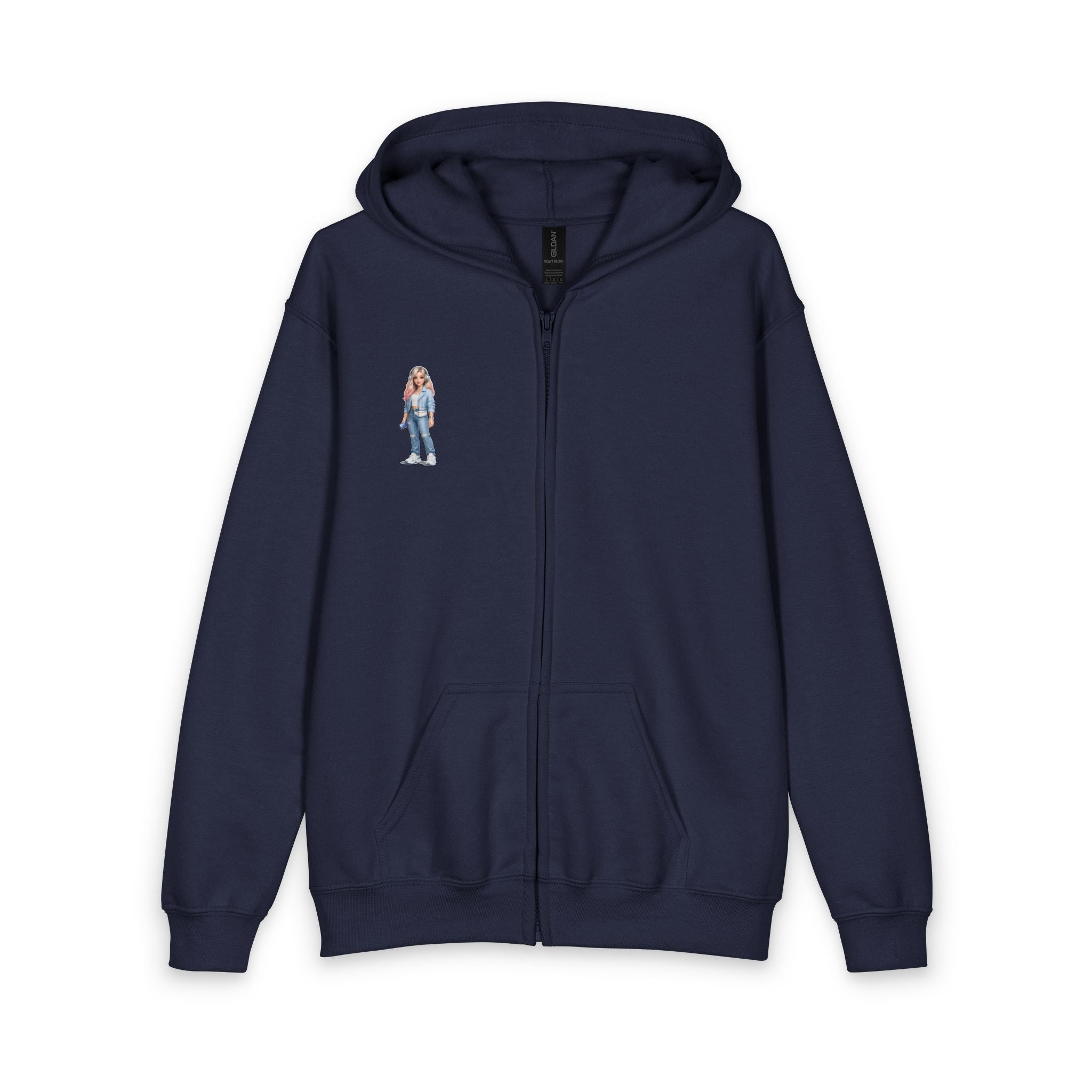 Youth Zip Hoodie with Cute Cartoon Girl Graphic – Casual Kids Streetwear