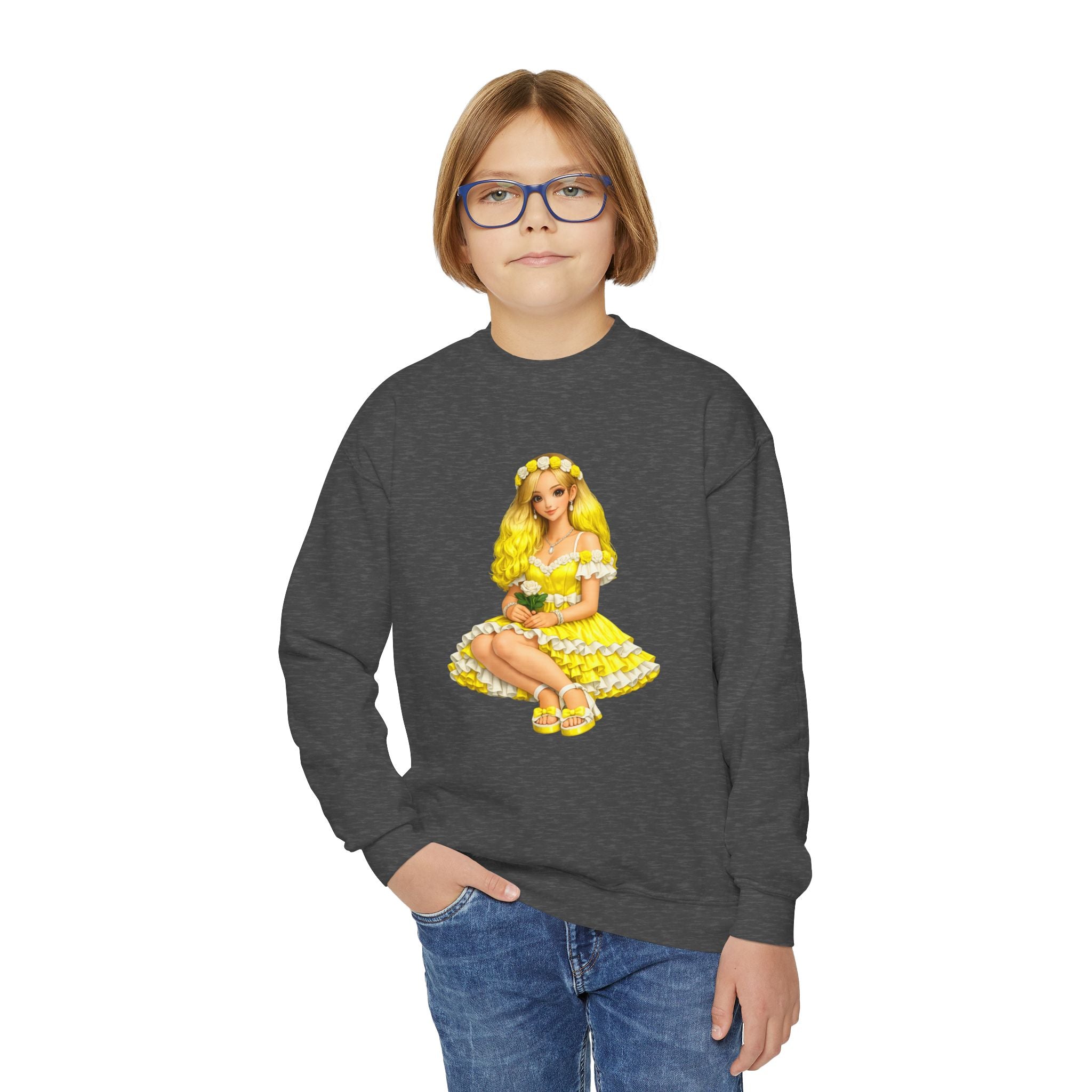 Yellow Daisy Girl Youth Sweatshirt — Cute Retro Floral Graphic Crewneck