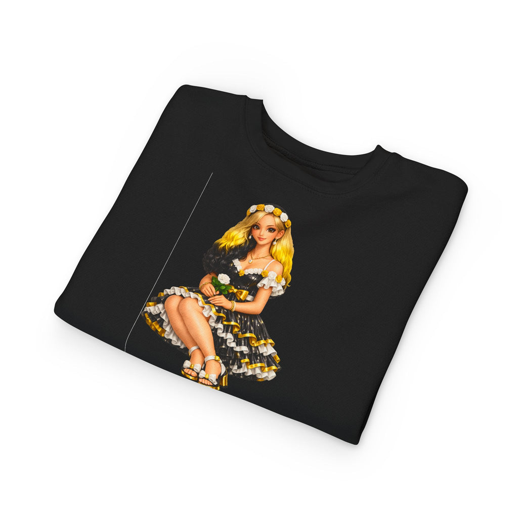 Toddler Sweatshirt — Vintage Doll in Yellow & Black Floral Dress Kids Pullover