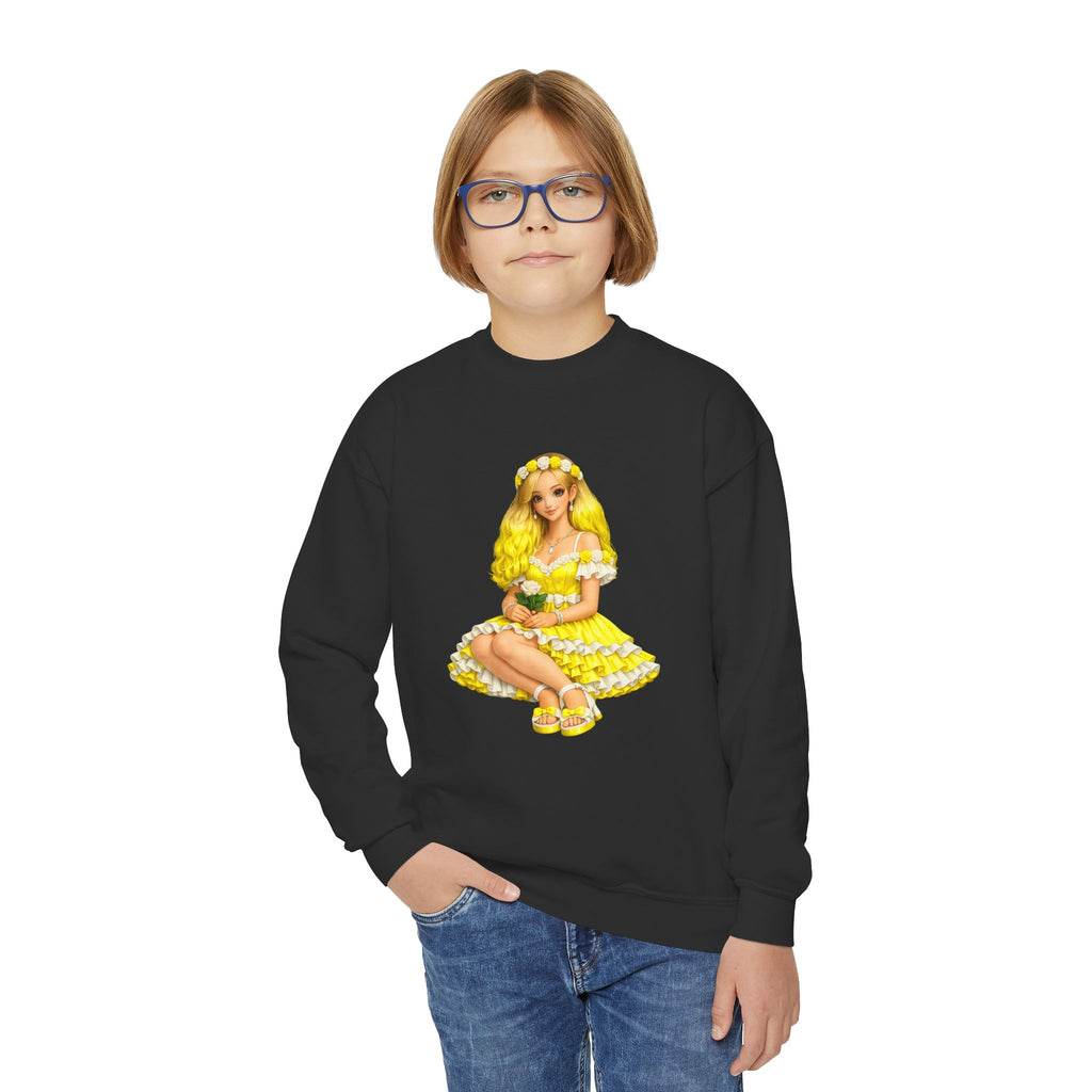 Yellow Daisy Girl Youth Sweatshirt — Cute Retro Floral Graphic Crewneck