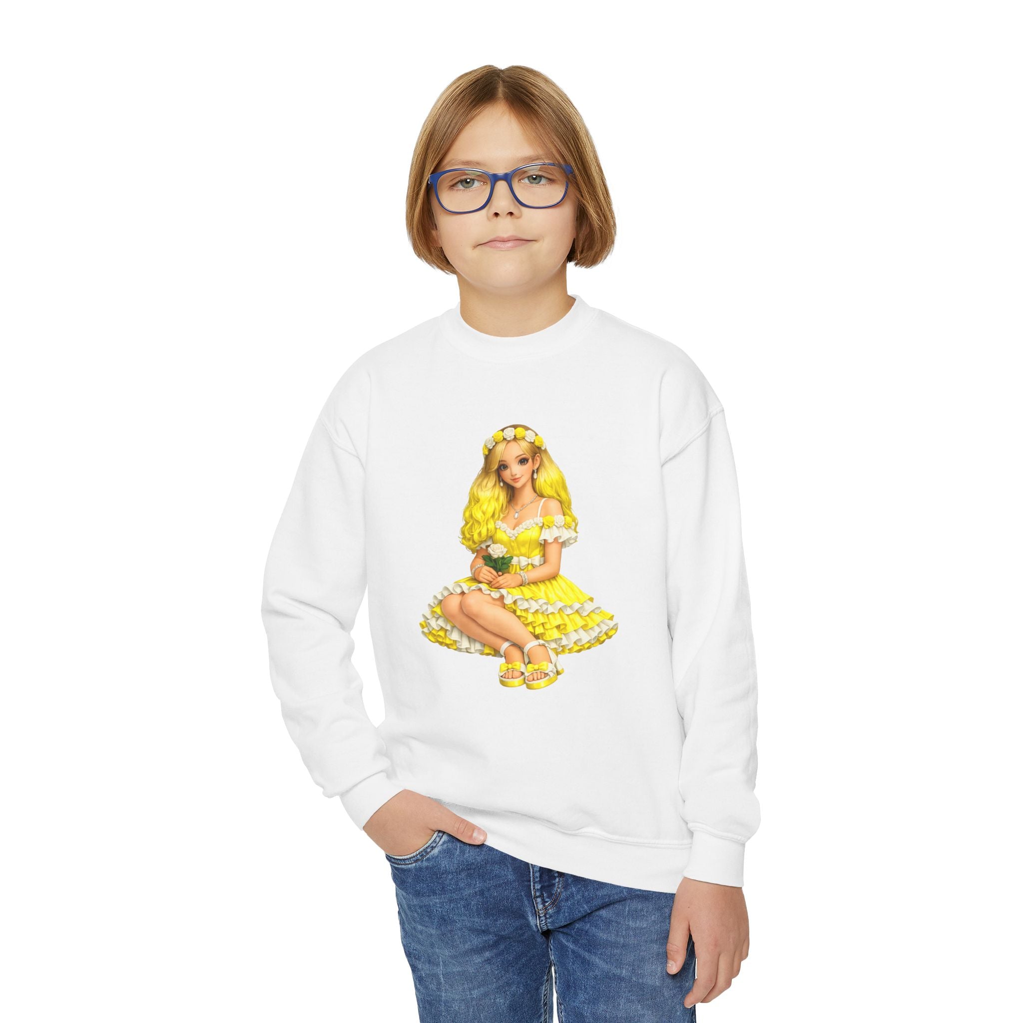 Yellow Daisy Girl Youth Sweatshirt — Cute Retro Floral Graphic Crewneck