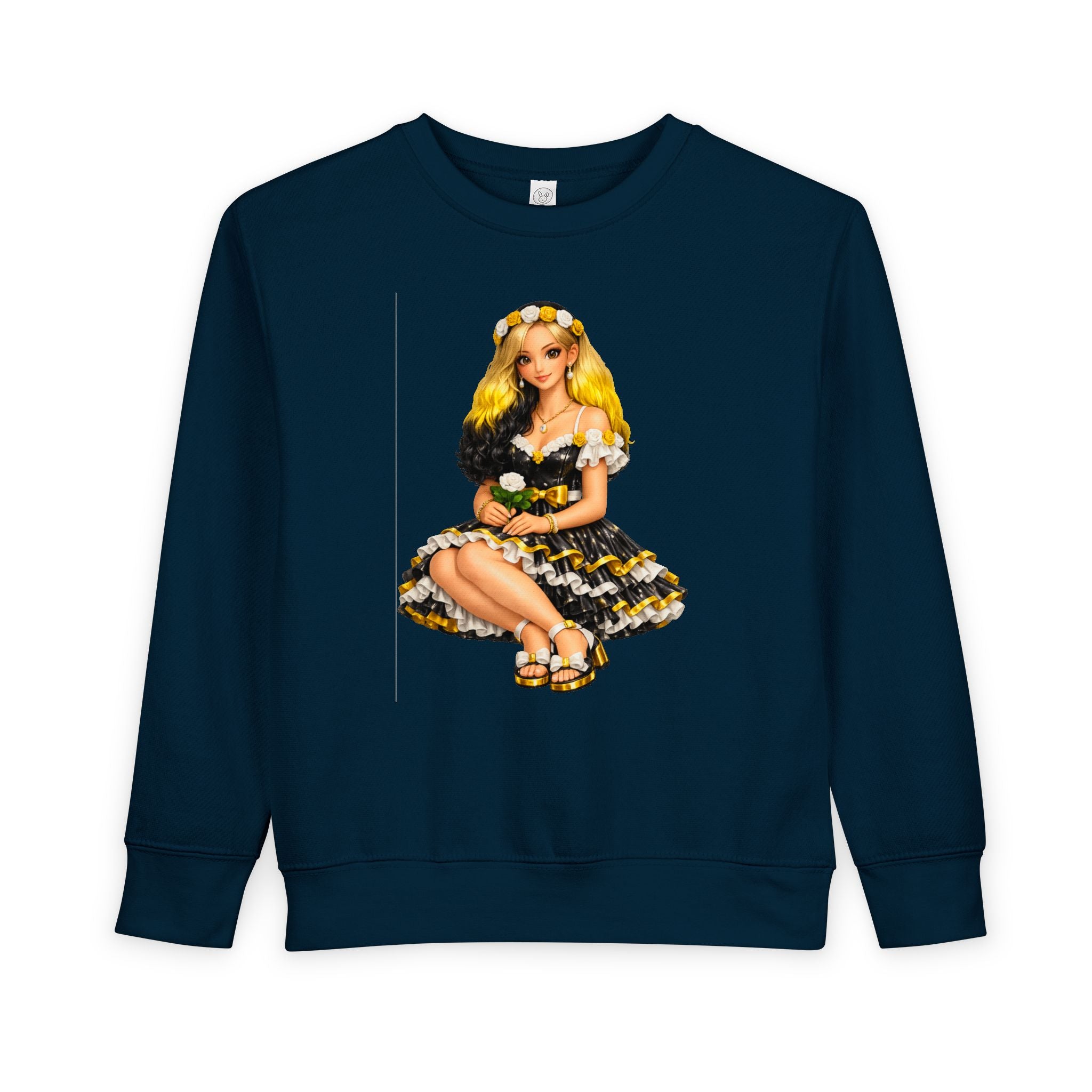 Toddler Sweatshirt — Vintage Doll in Yellow & Black Floral Dress Kids Pullover