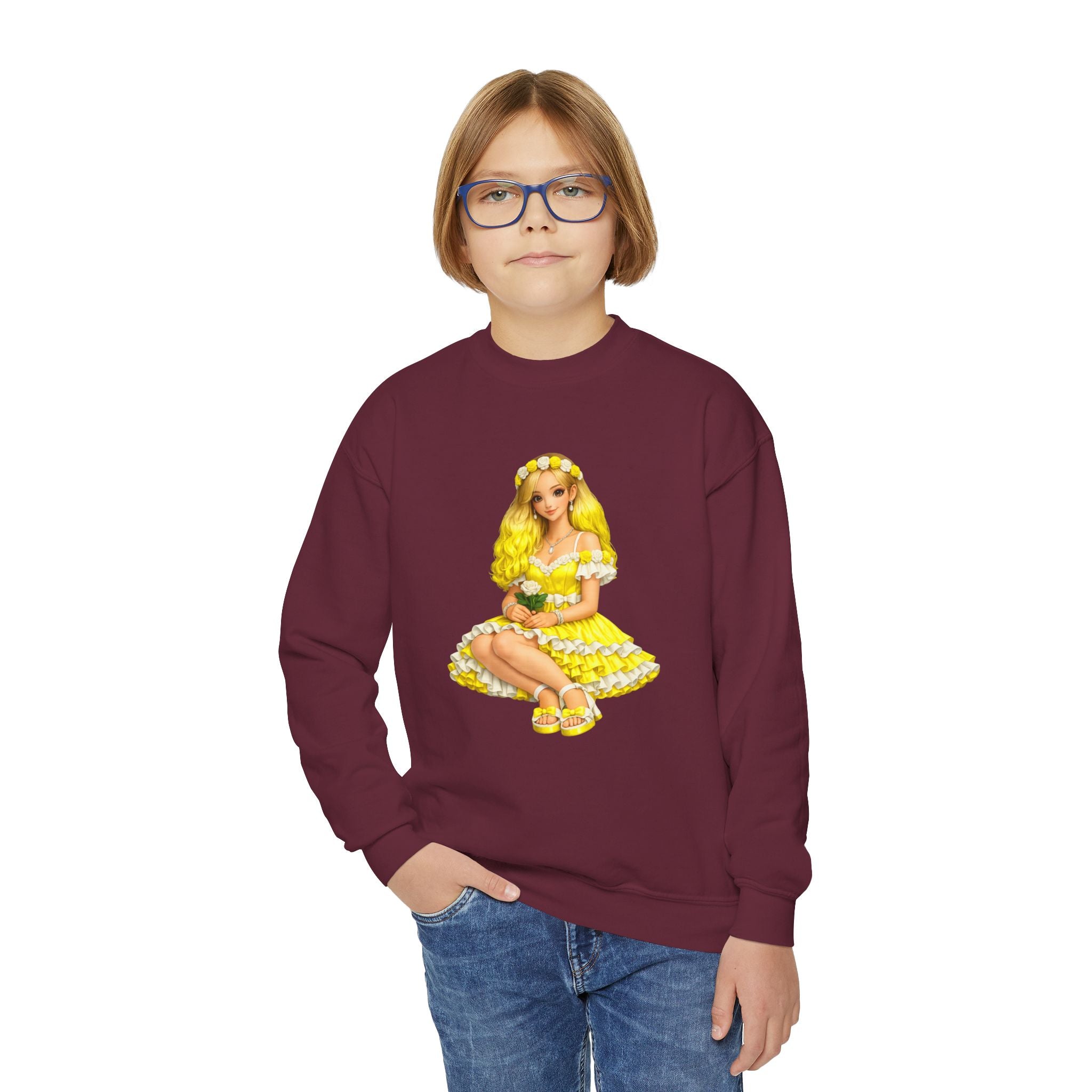 Yellow Daisy Girl Youth Sweatshirt — Cute Retro Floral Graphic Crewneck