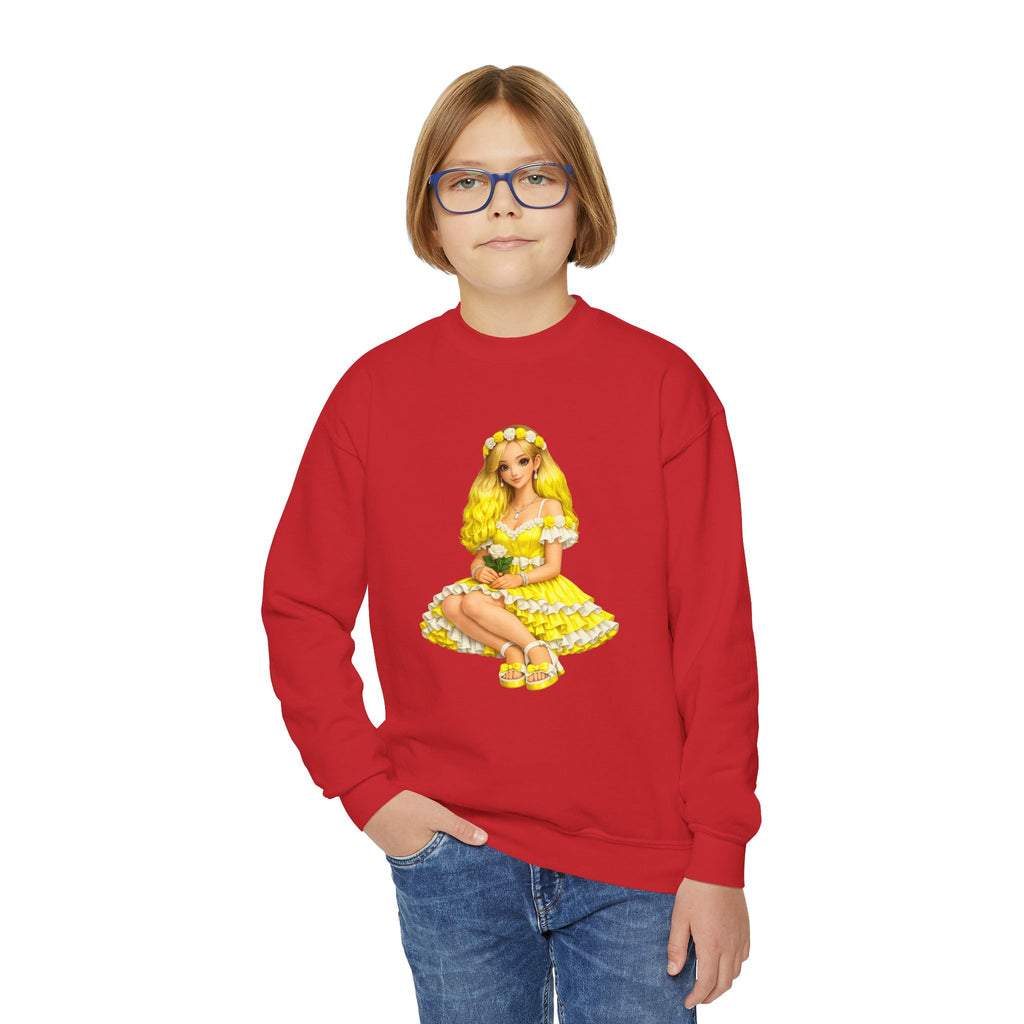 Yellow Daisy Girl Youth Sweatshirt — Cute Retro Floral Graphic Crewneck
