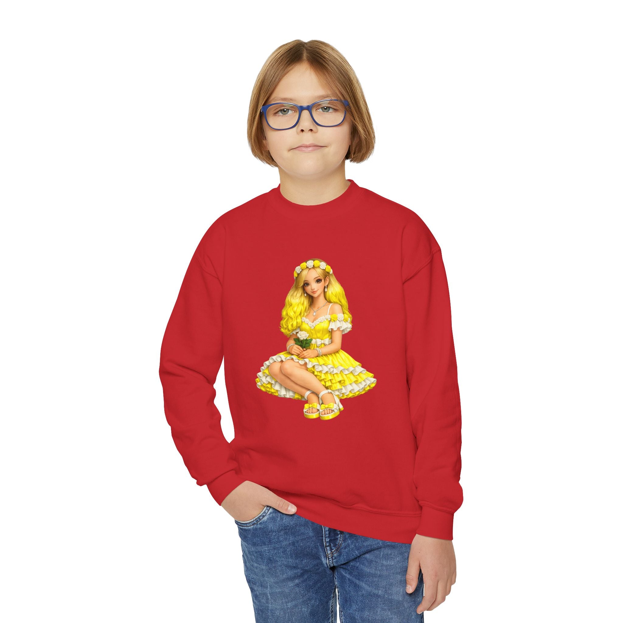 Yellow Daisy Girl Youth Sweatshirt — Cute Retro Floral Graphic Crewneck