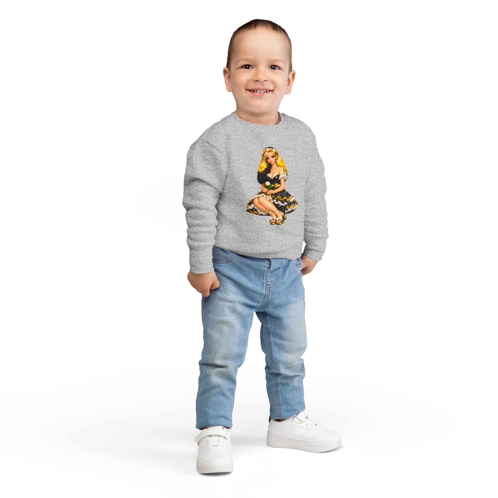 Toddler Sweatshirt — Vintage Doll in Yellow & Black Floral Dress Kids Pullover