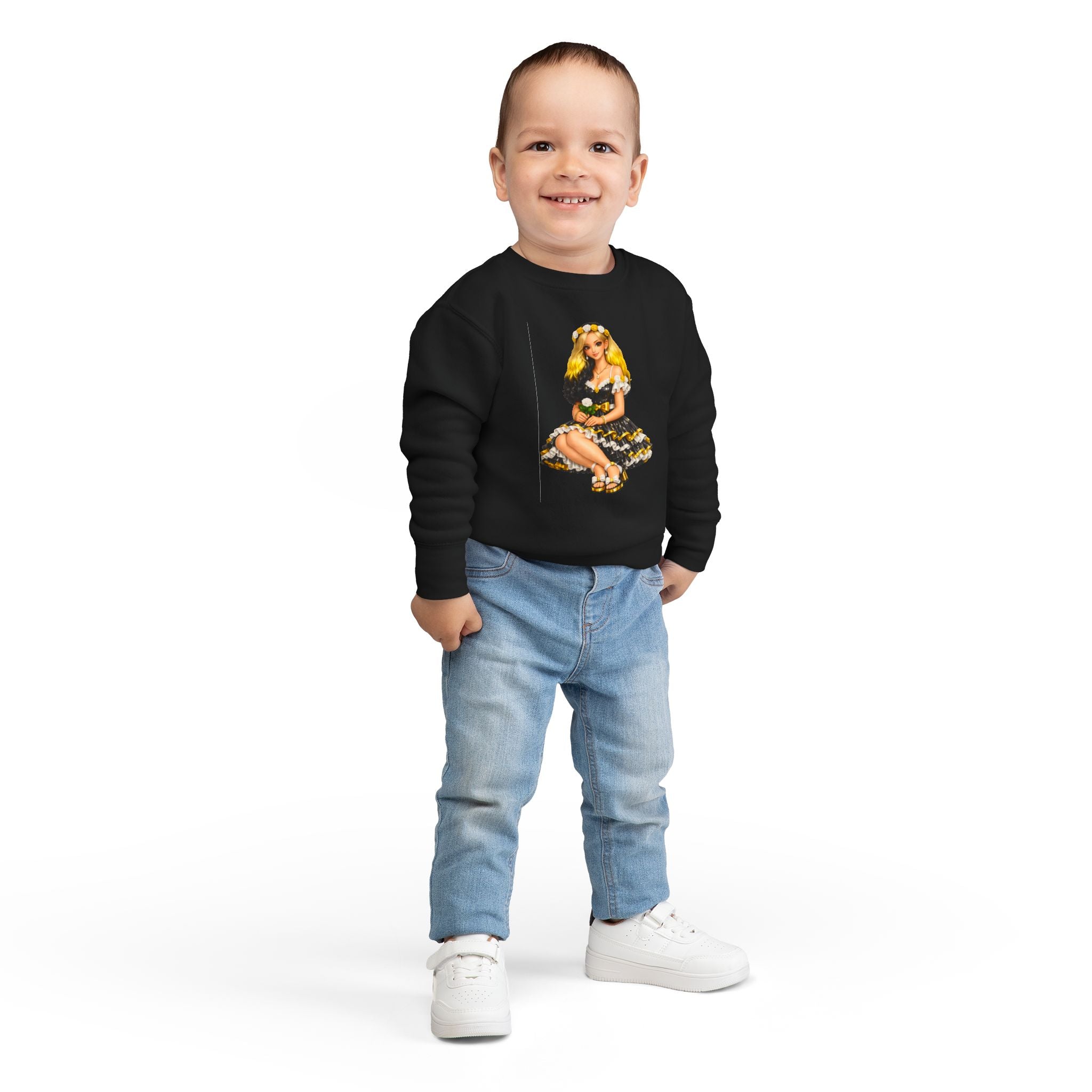 Toddler Sweatshirt — Vintage Doll in Yellow & Black Floral Dress Kids Pullover