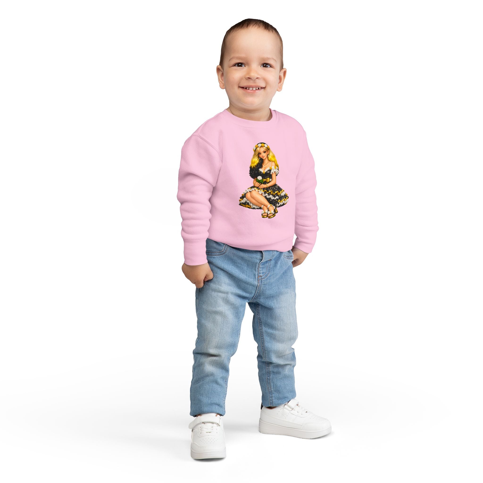 Toddler Sweatshirt — Vintage Doll in Yellow & Black Floral Dress Kids Pullover