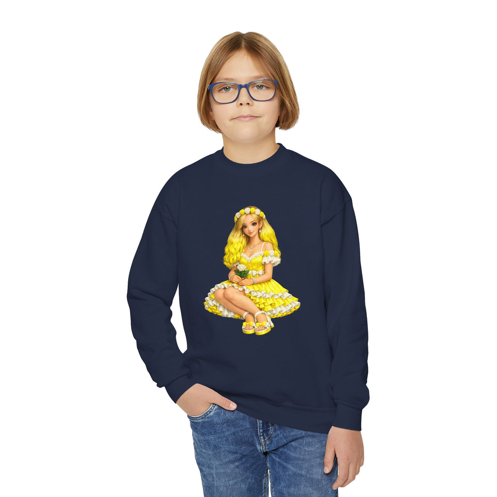Yellow Daisy Girl Youth Sweatshirt — Cute Retro Floral Graphic Crewneck