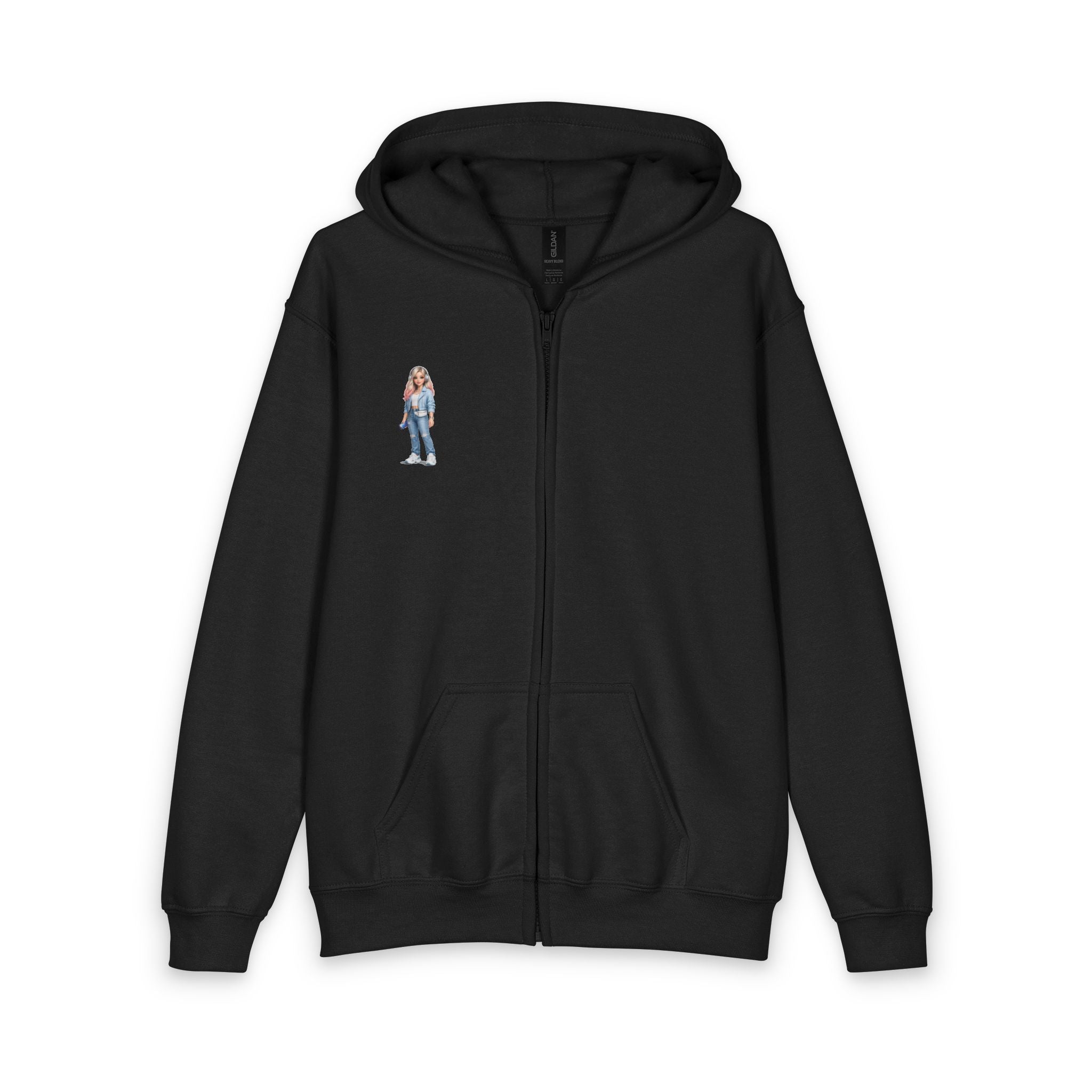Youth Zip Hoodie with Cute Cartoon Girl Graphic – Casual Kids Streetwear