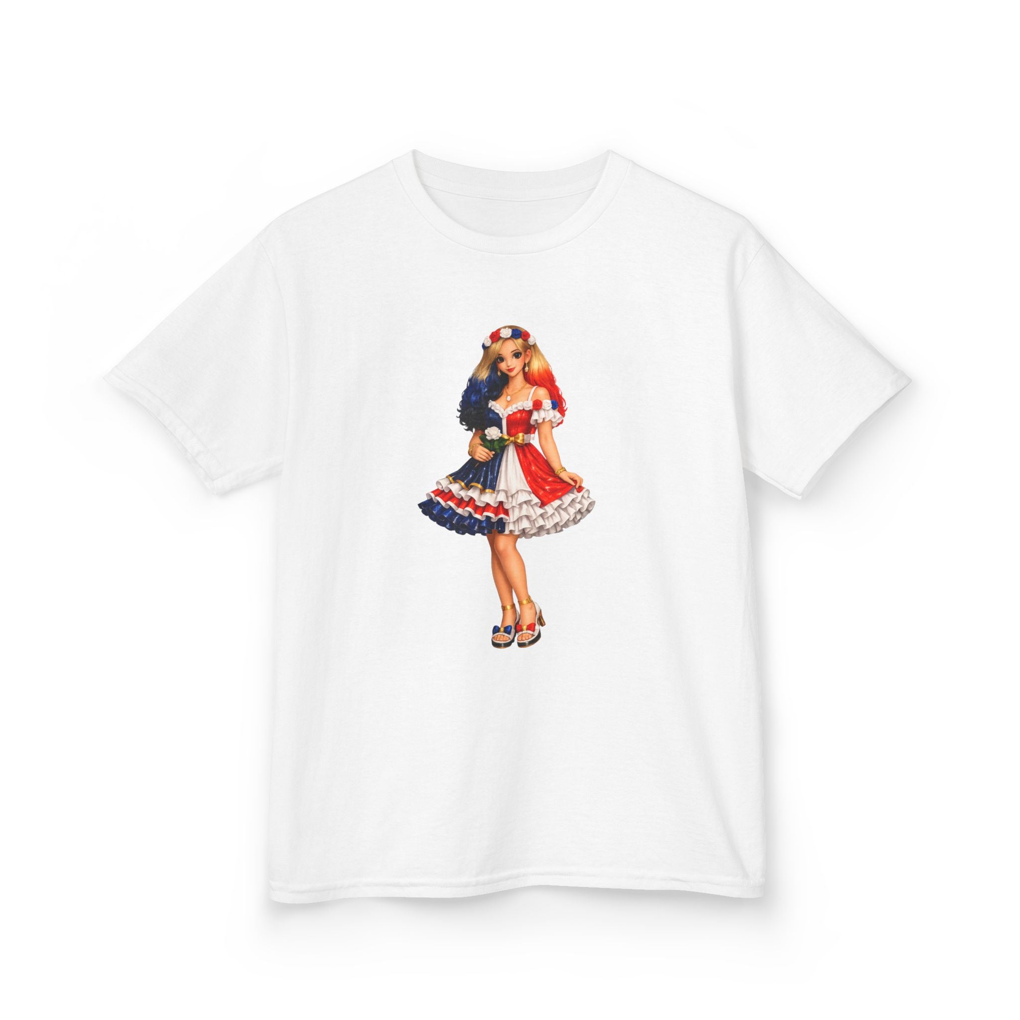 Kids Tee — Retro Patriotic Pin-Up Girl Dress (Fourth of July)