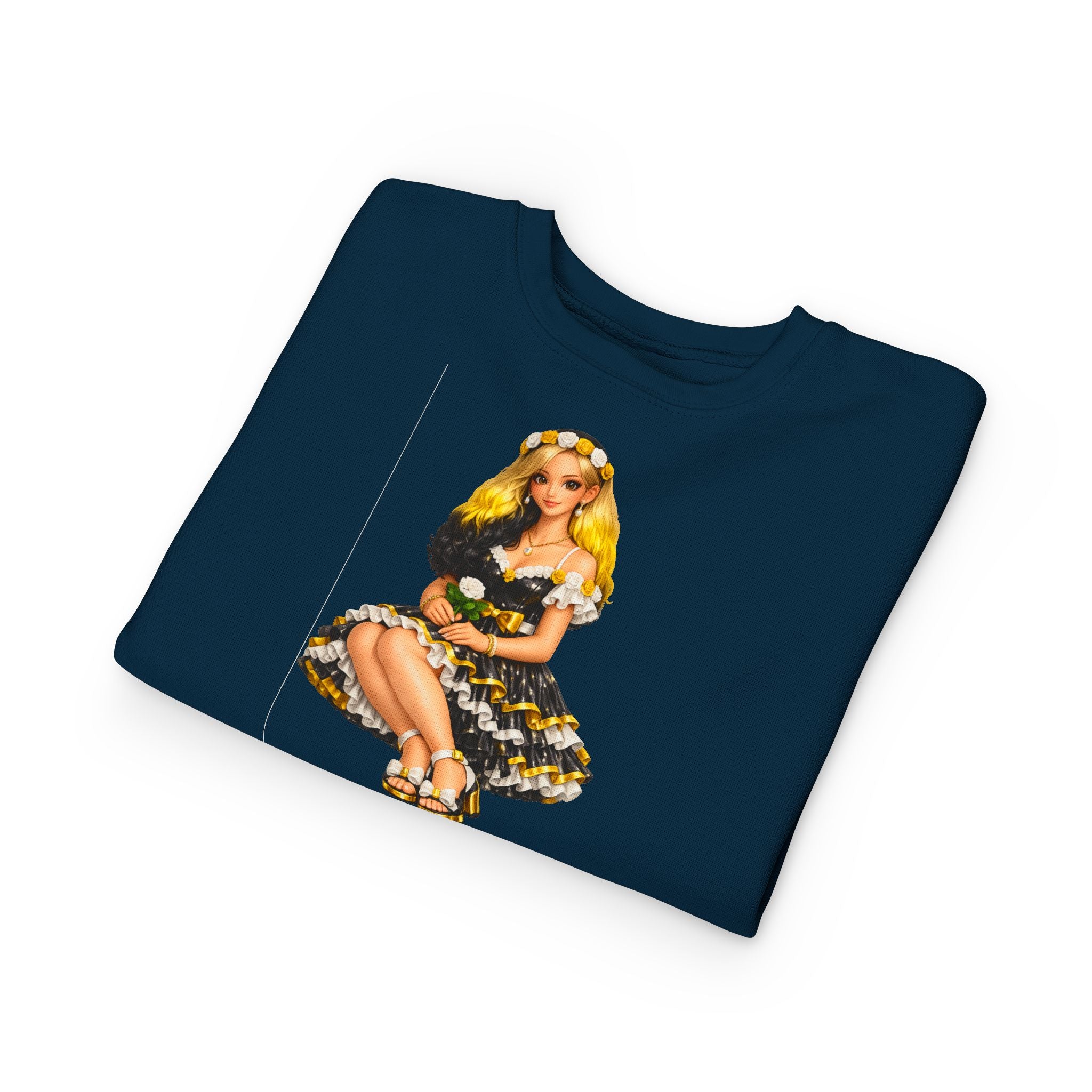 Toddler Sweatshirt — Vintage Doll in Yellow & Black Floral Dress Kids Pullover