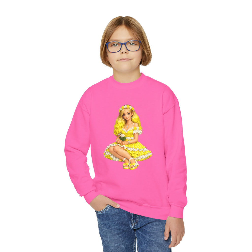 Yellow Daisy Girl Youth Sweatshirt — Cute Retro Floral Graphic Crewneck