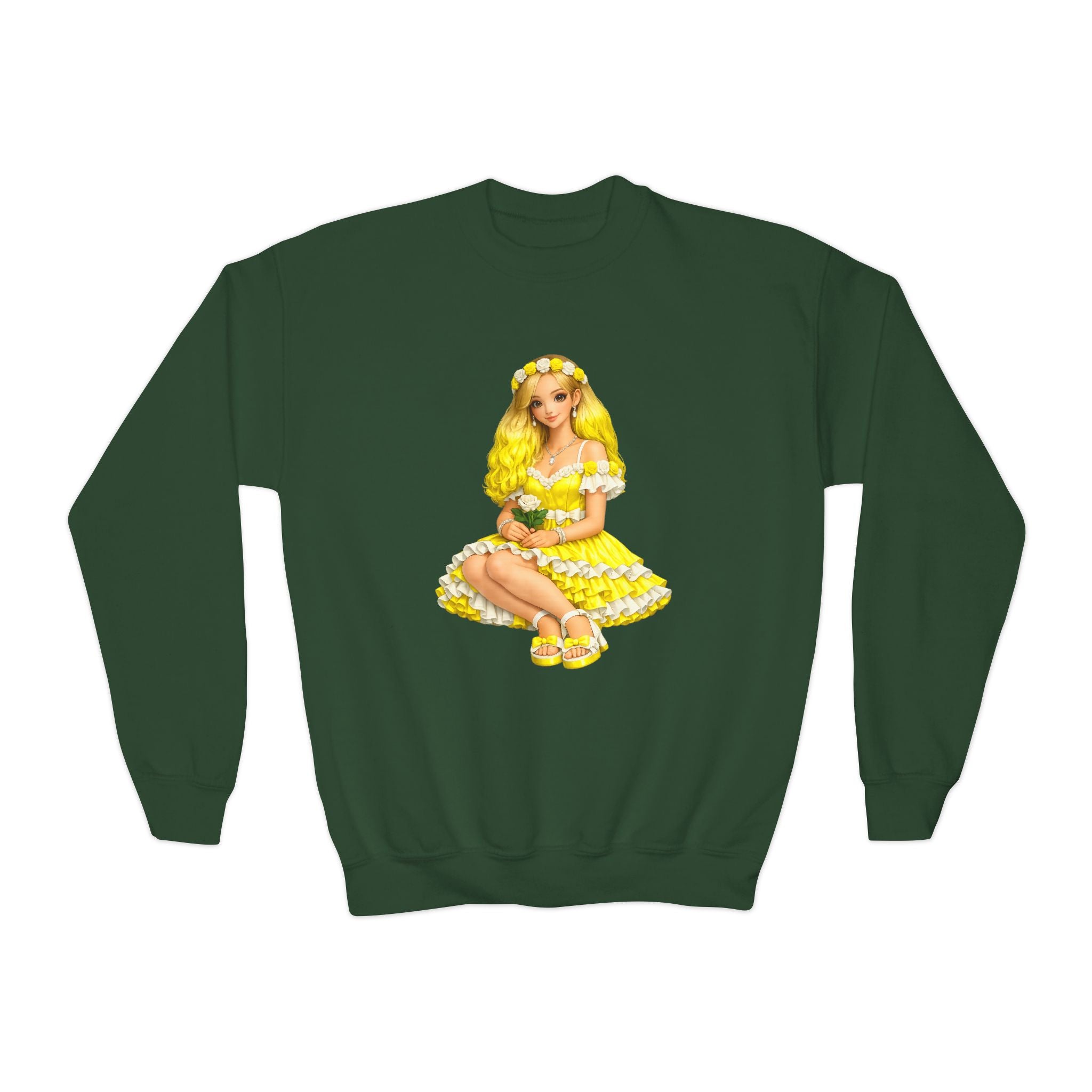 Yellow Daisy Girl Youth Sweatshirt — Cute Retro Floral Graphic Crewneck