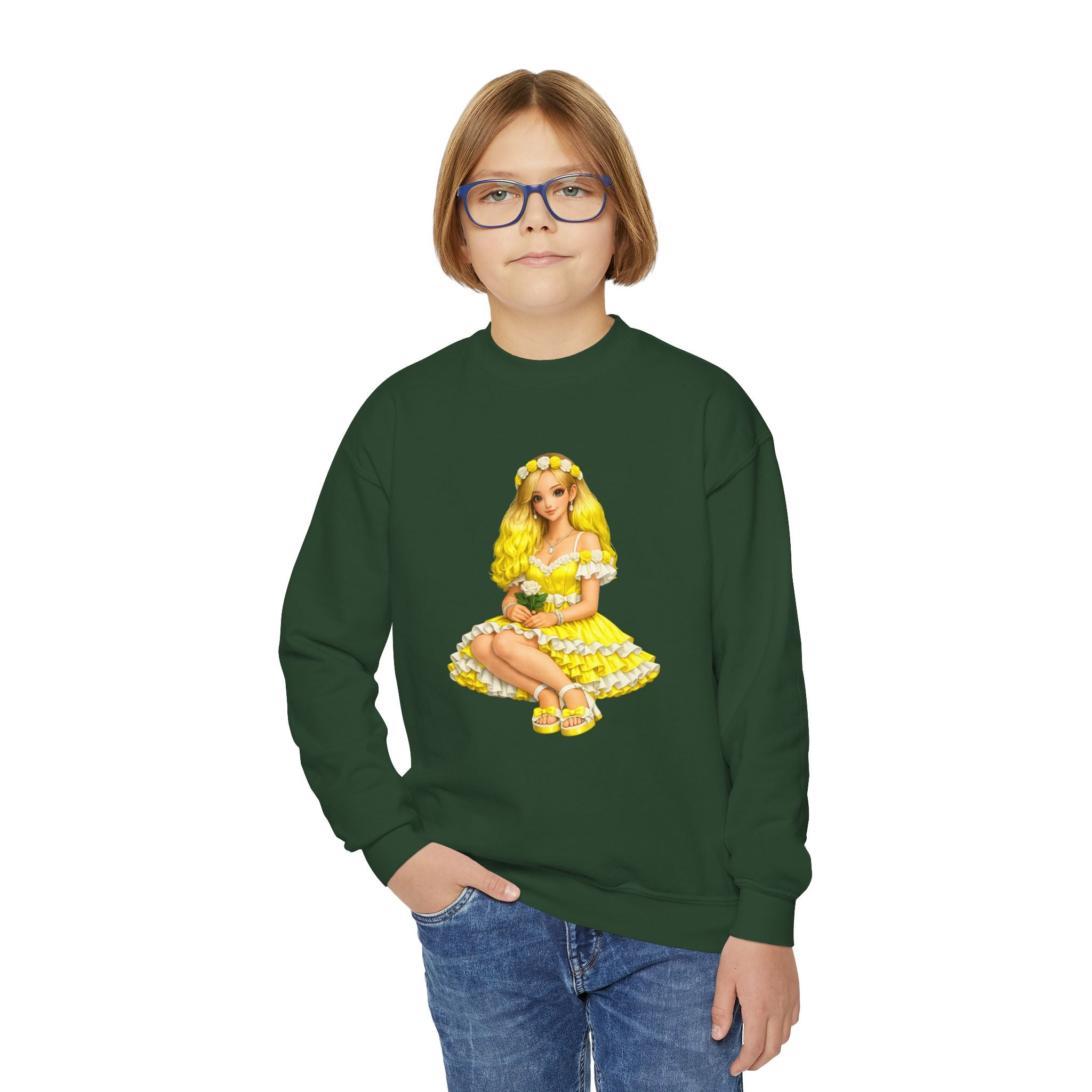 Yellow Daisy Girl Youth Sweatshirt — Cute Retro Floral Graphic Crewneck