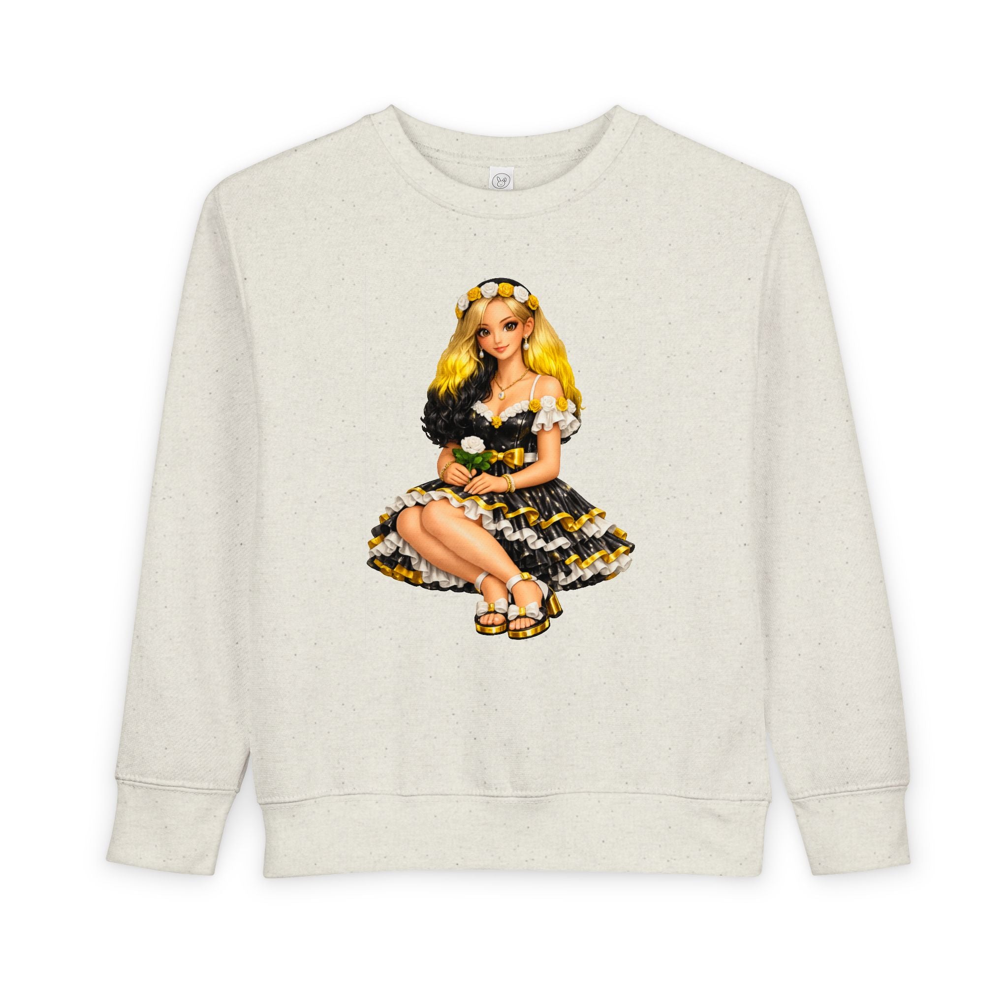 Toddler Sweatshirt — Vintage Doll in Yellow & Black Floral Dress Kids Pullover