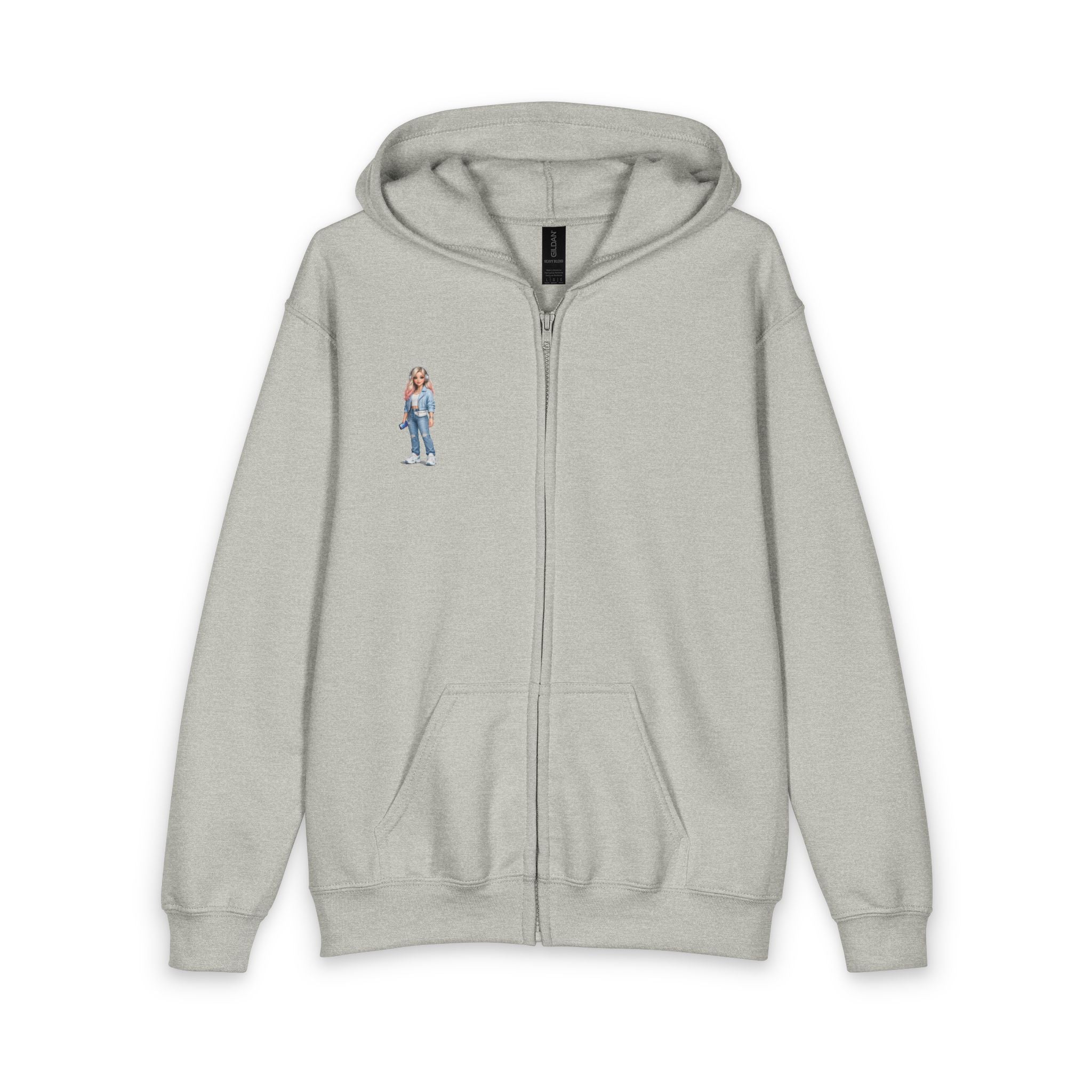 Youth Zip Hoodie with Cute Cartoon Girl Graphic – Casual Kids Streetwear