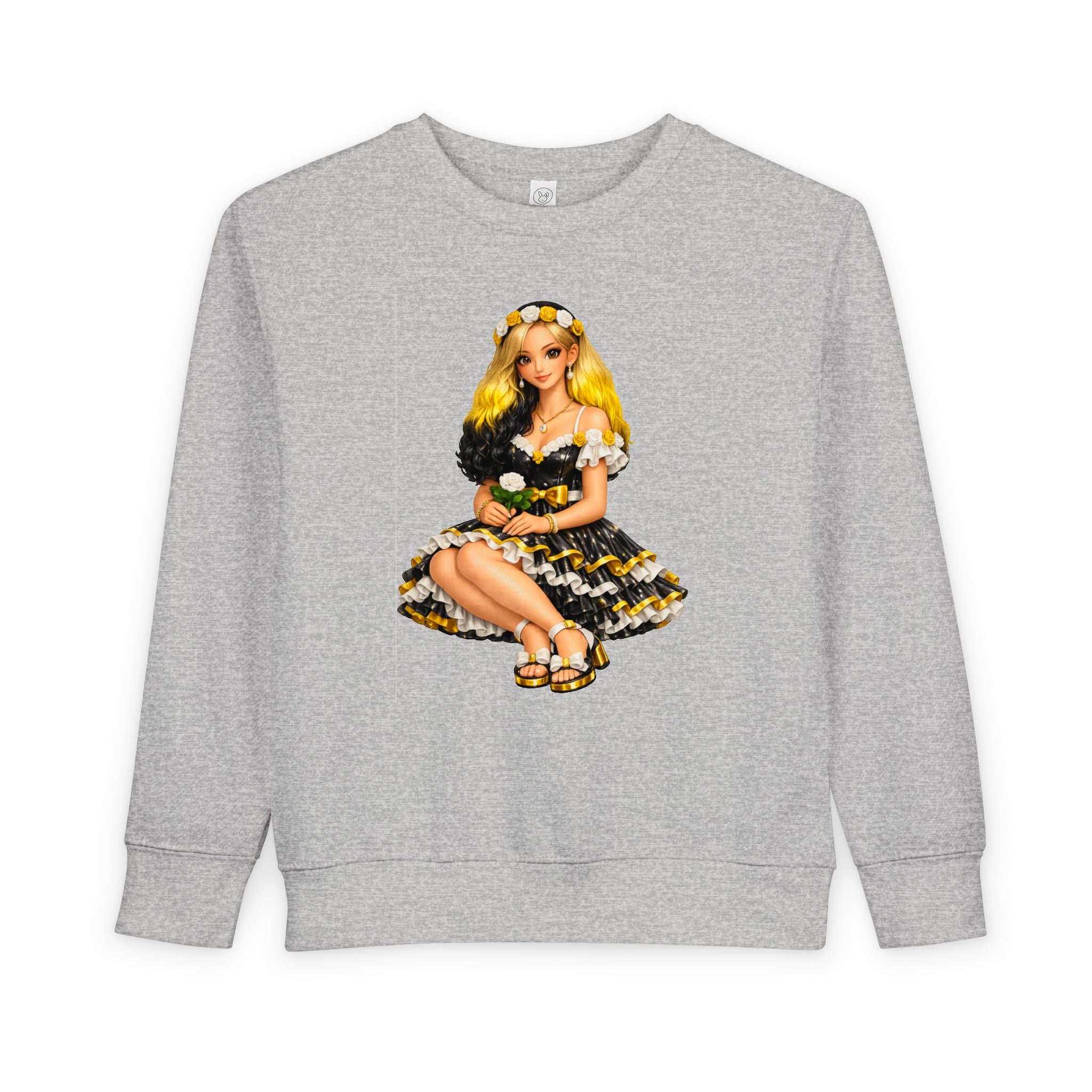 Toddler Sweatshirt — Vintage Doll in Yellow & Black Floral Dress Kids Pullover