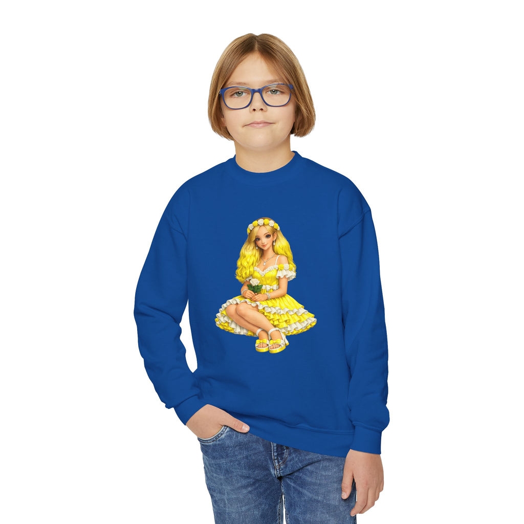 Yellow Daisy Girl Youth Sweatshirt — Cute Retro Floral Graphic Crewneck