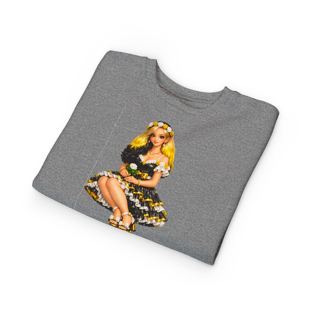 Toddler Sweatshirt — Vintage Doll in Yellow & Black Floral Dress Kids Pullover