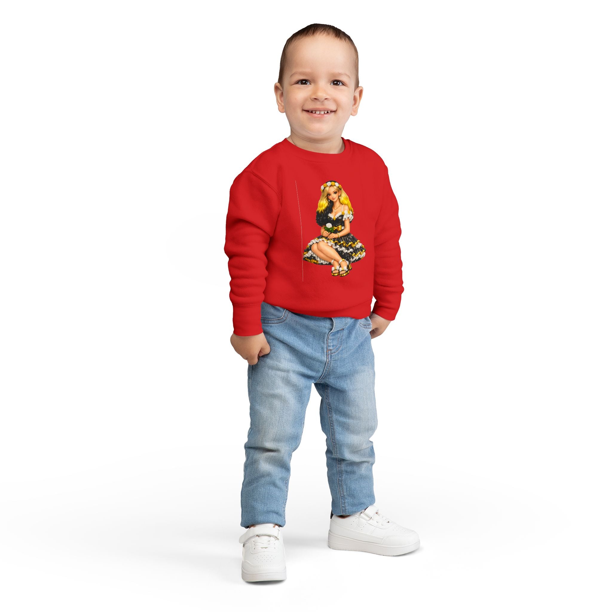 Toddler Sweatshirt — Vintage Doll in Yellow & Black Floral Dress Kids Pullover