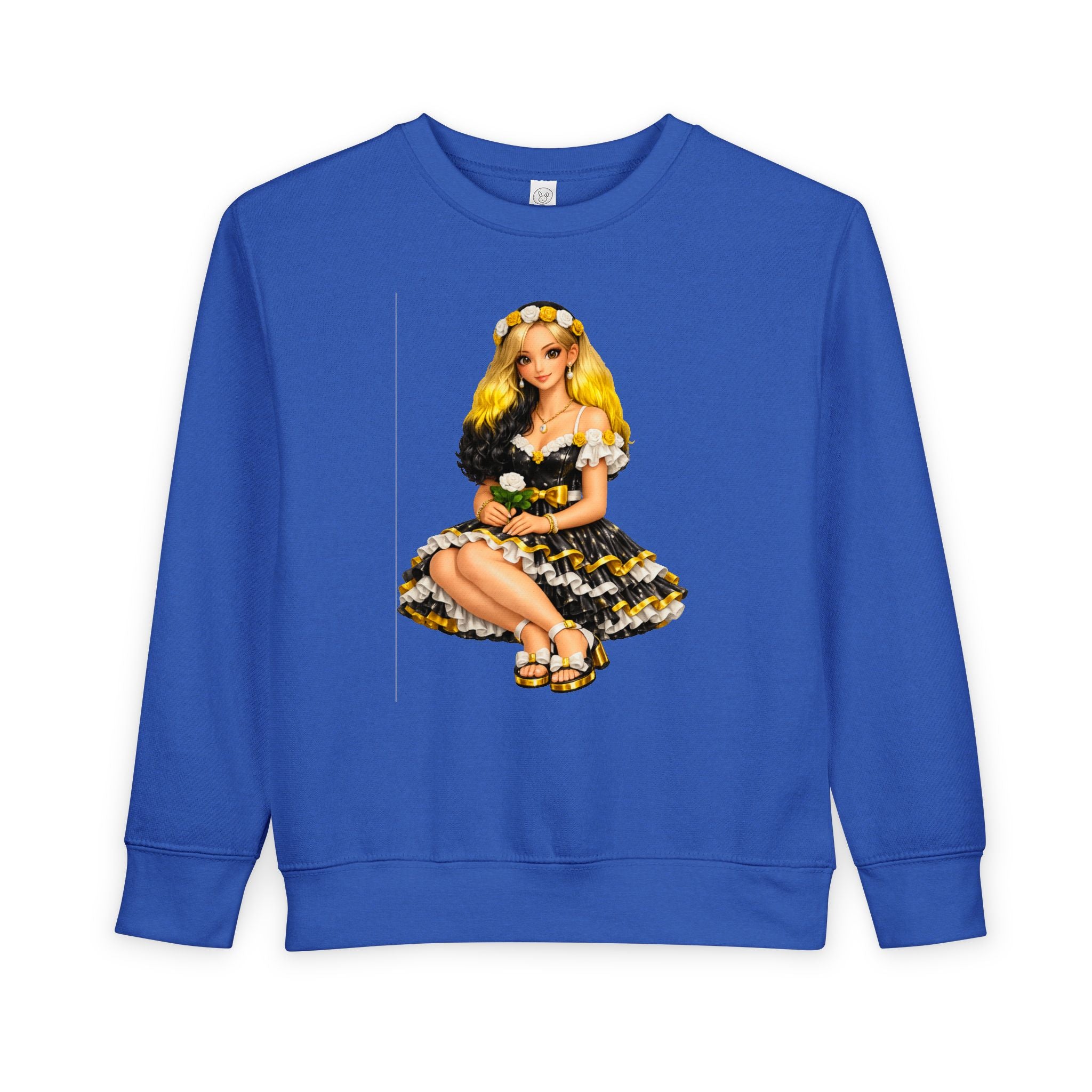 Toddler Sweatshirt — Vintage Doll in Yellow & Black Floral Dress Kids Pullover