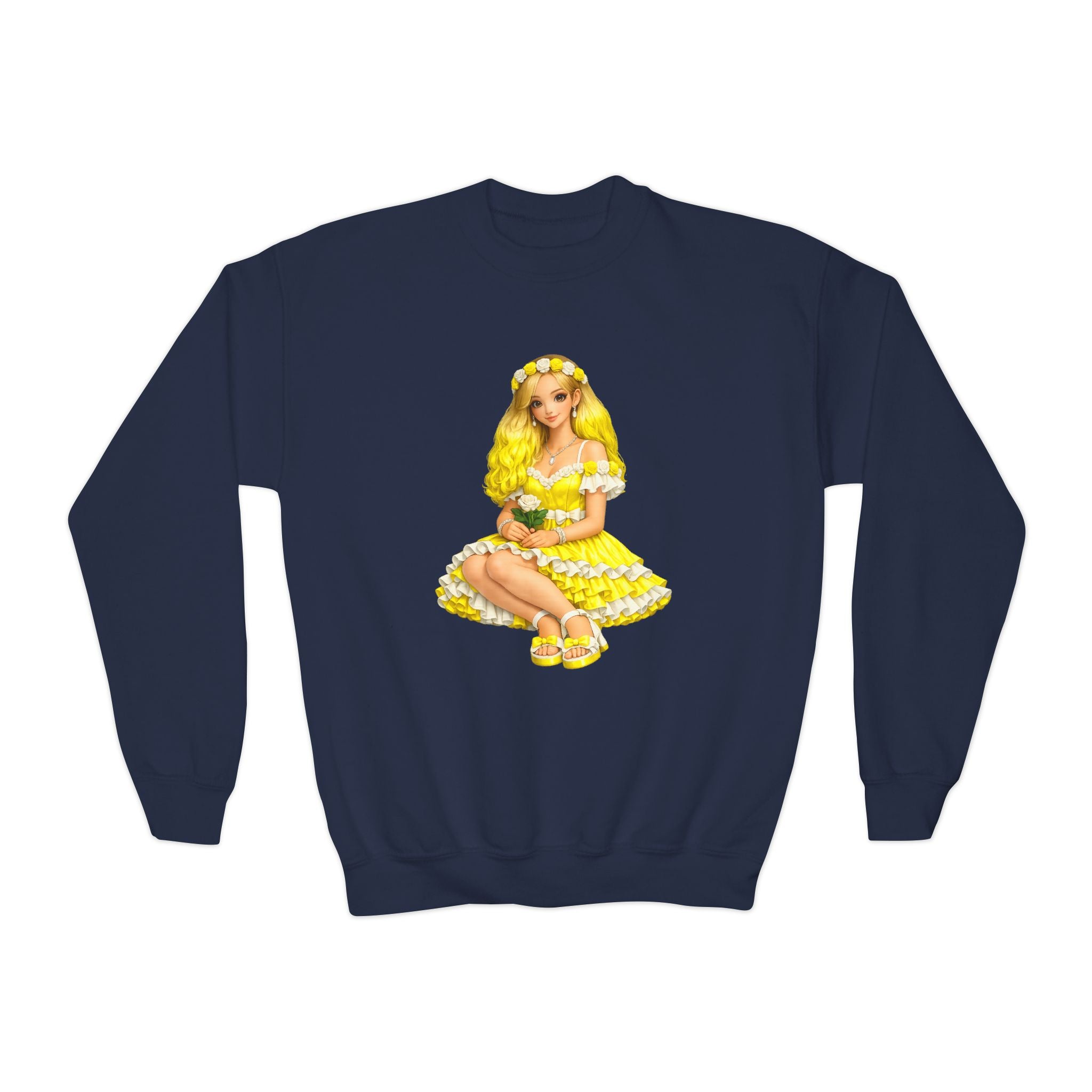 Yellow Daisy Girl Youth Sweatshirt — Cute Retro Floral Graphic Crewneck