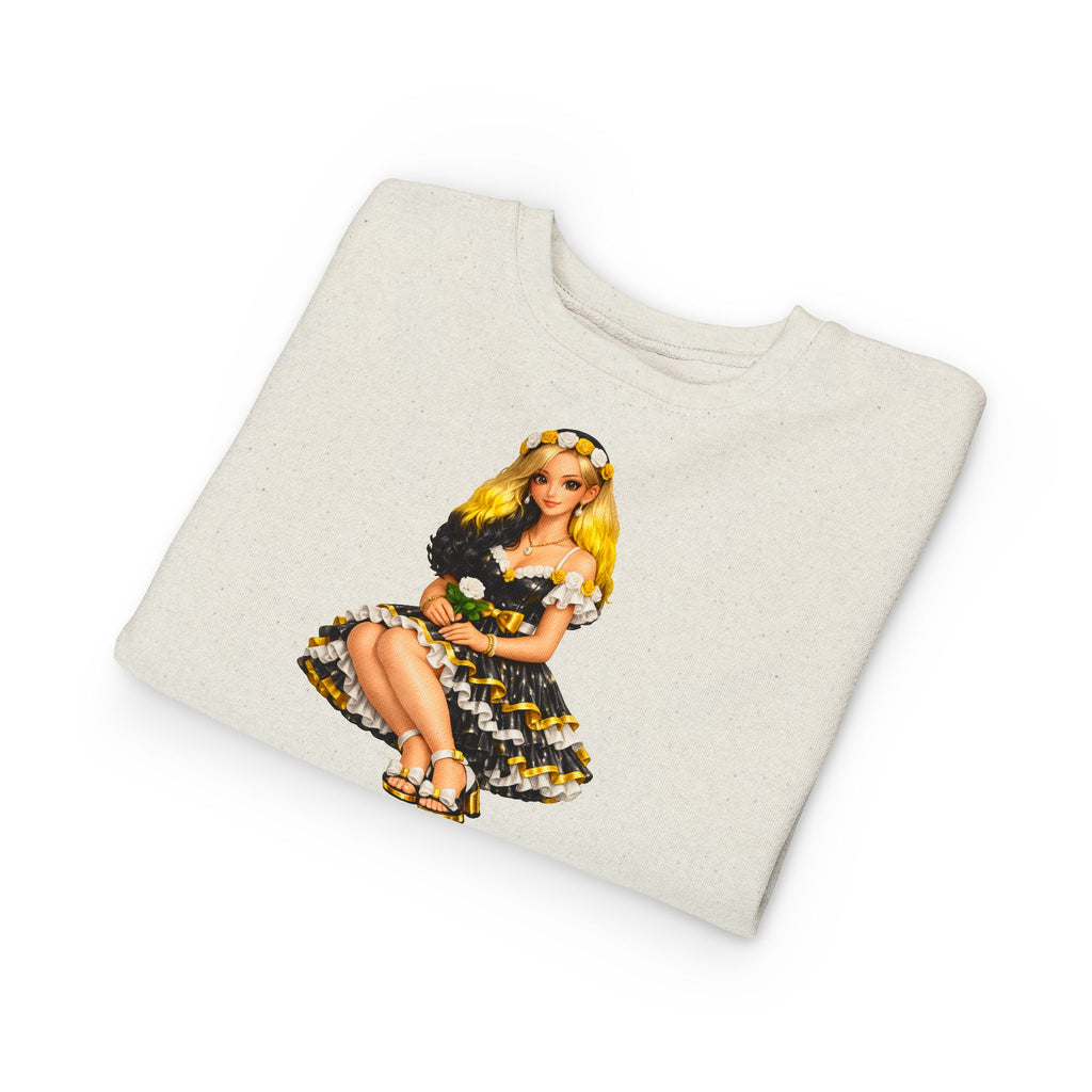 Toddler Sweatshirt — Vintage Doll in Yellow & Black Floral Dress Kids Pullover