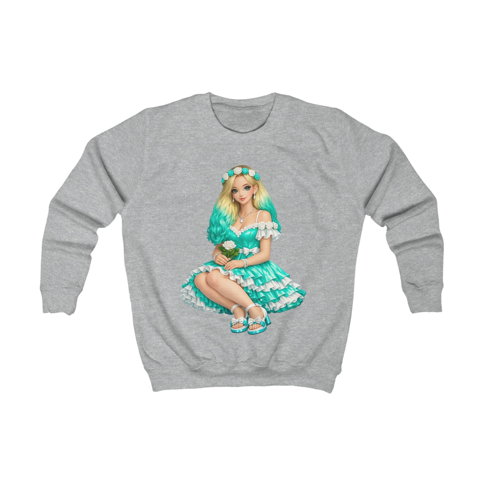 Kids Sweatshirt — Teal Doll Girl Graphic Pullover for Children