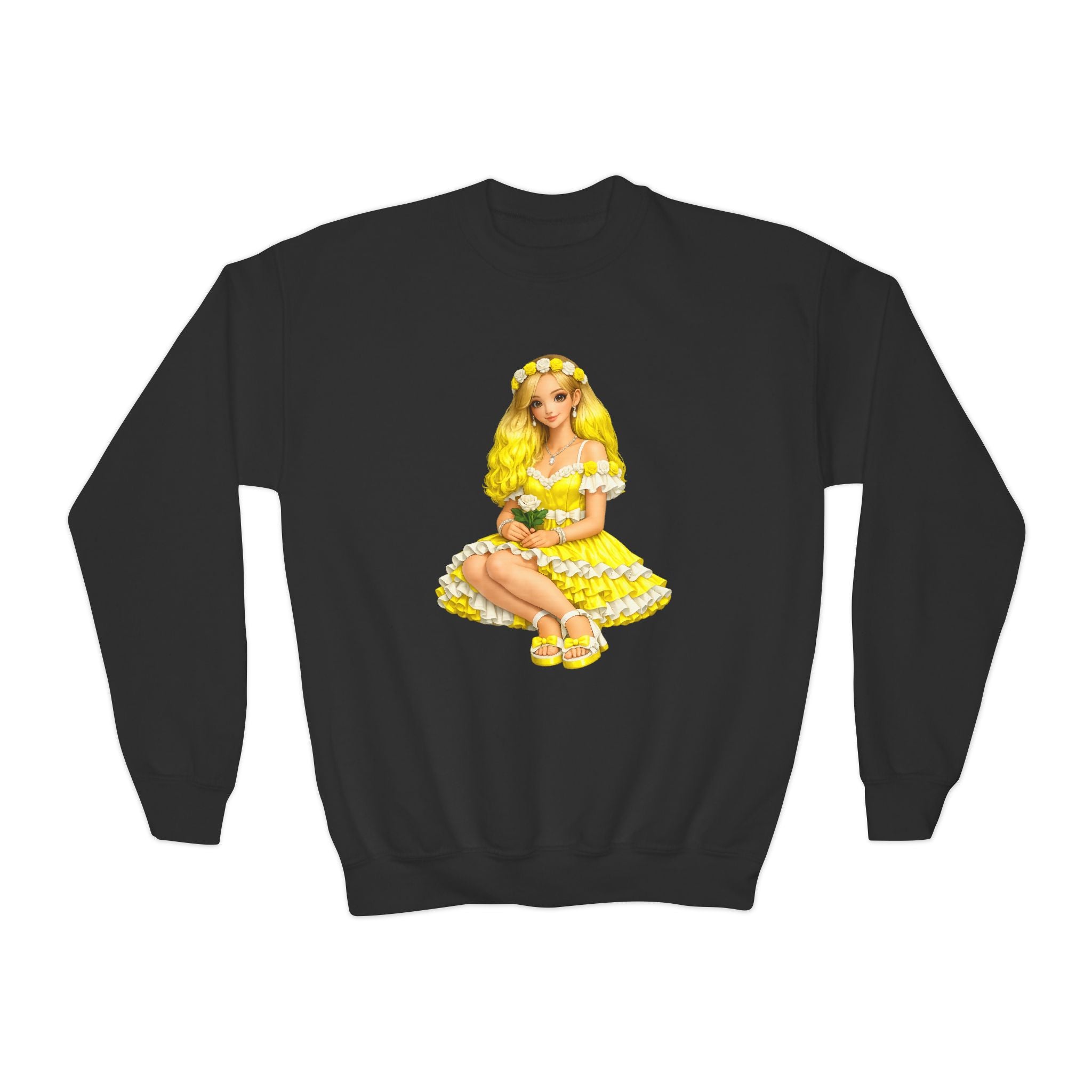 Yellow Daisy Girl Youth Sweatshirt — Cute Retro Floral Graphic Crewneck