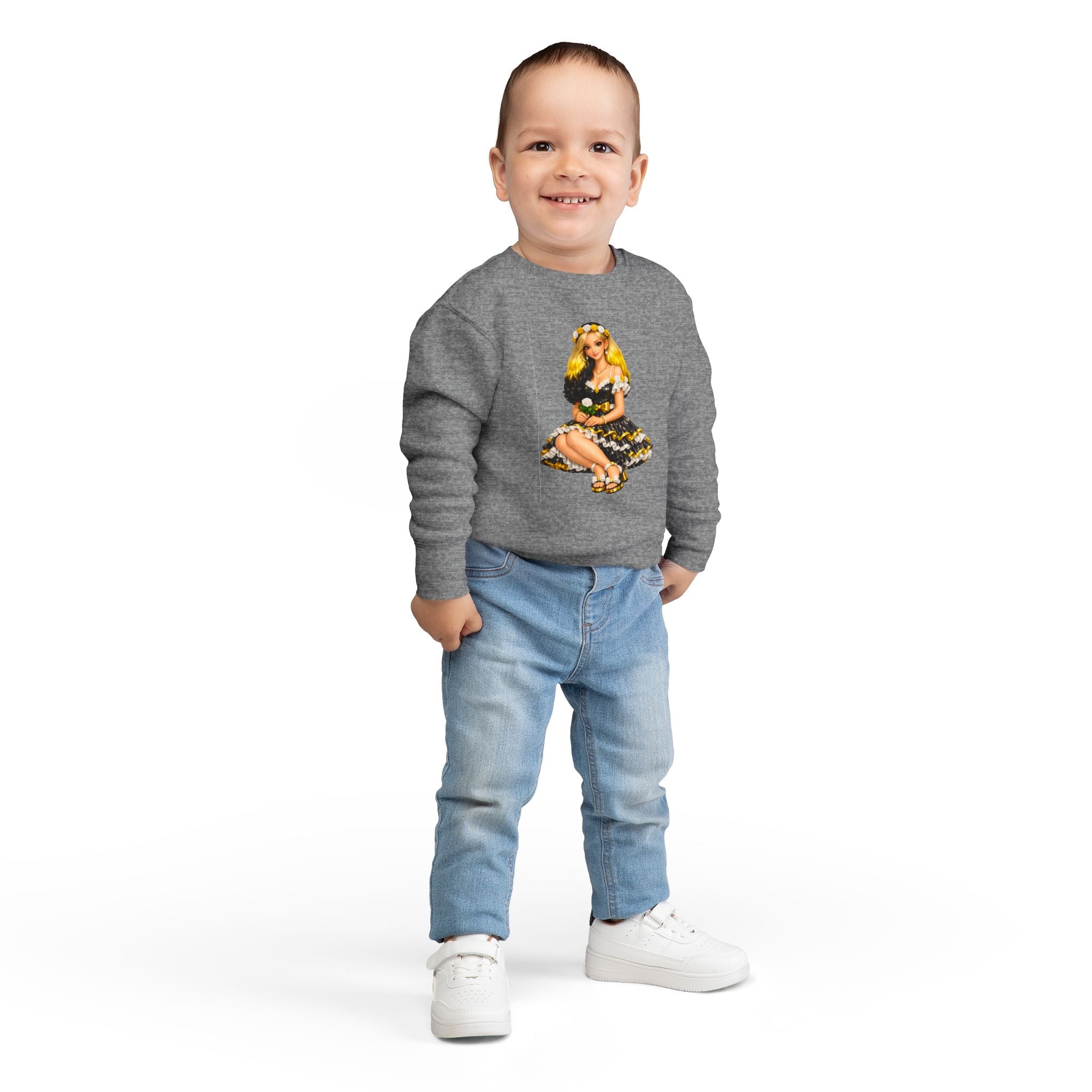 Toddler Sweatshirt — Vintage Doll in Yellow & Black Floral Dress Kids Pullover