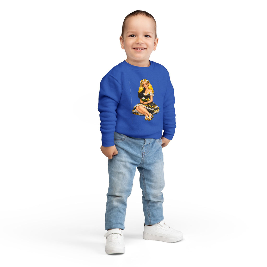 Toddler Sweatshirt — Vintage Doll in Yellow & Black Floral Dress Kids Pullover