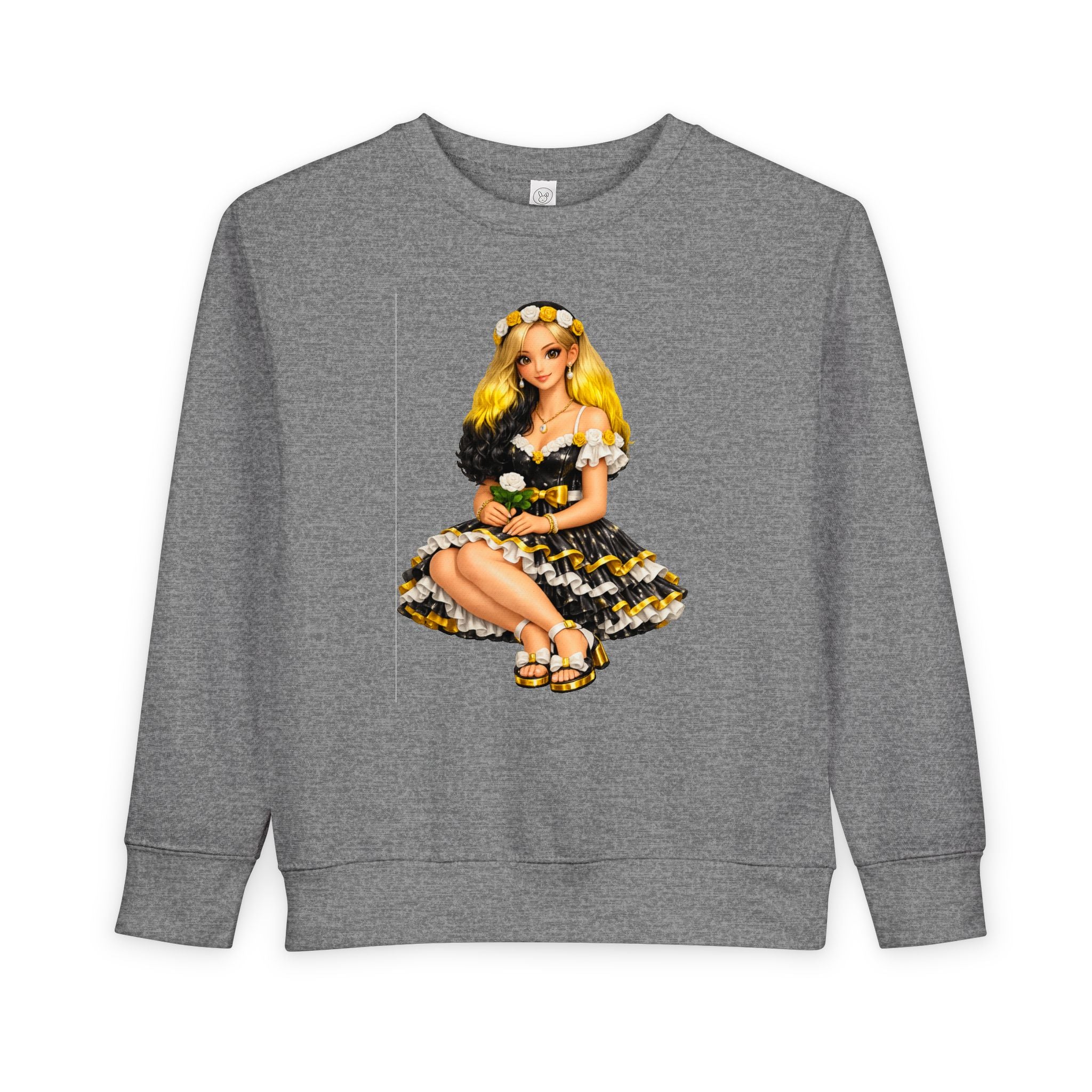 Toddler Sweatshirt — Vintage Doll in Yellow & Black Floral Dress Kids Pullover
