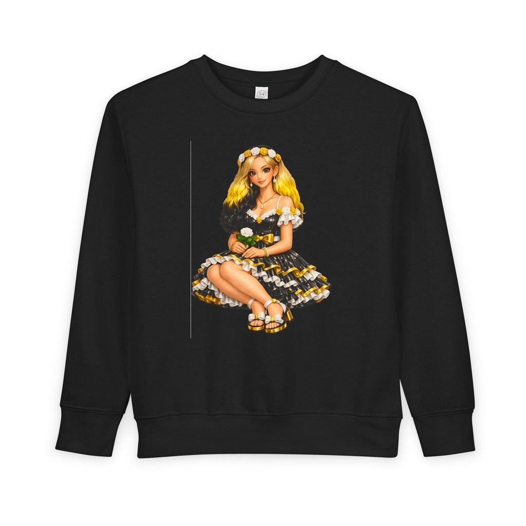 Toddler Sweatshirt — Vintage Doll in Yellow & Black Floral Dress Kids Pullover