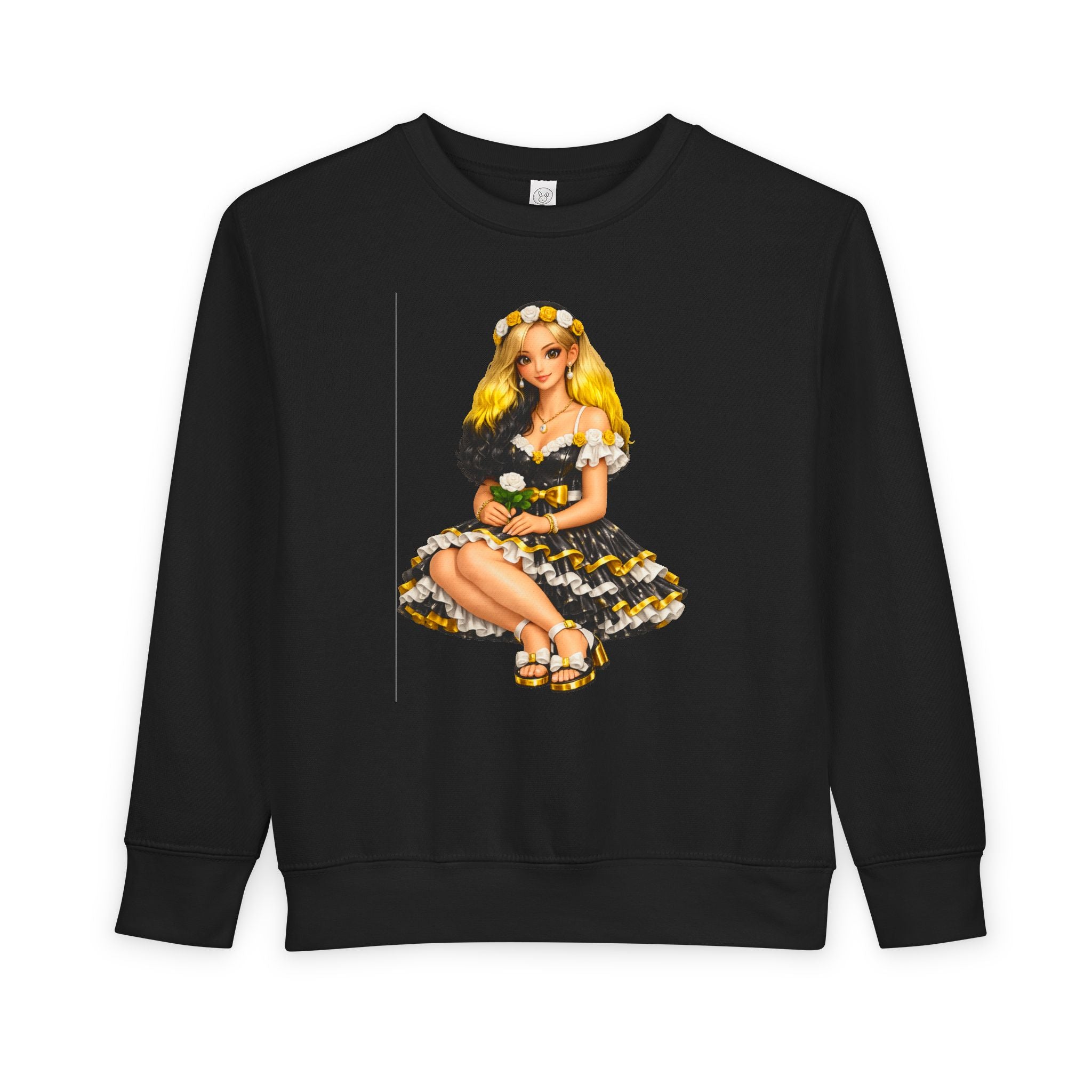 Toddler Sweatshirt — Vintage Doll in Yellow & Black Floral Dress Kids Pullover