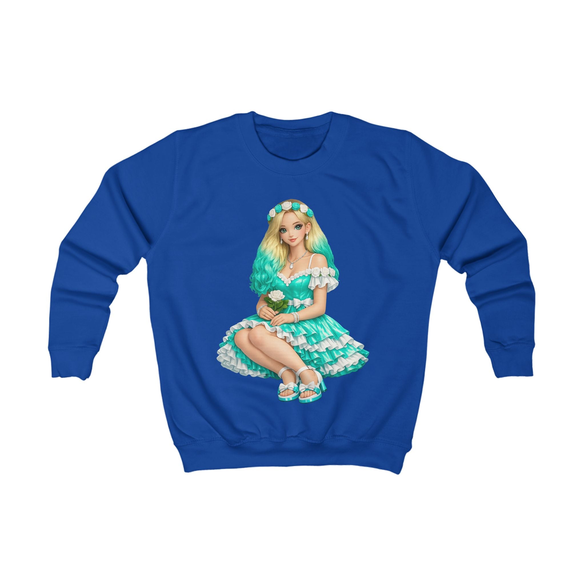 Kids Sweatshirt — Teal Doll Girl Graphic Pullover for Children