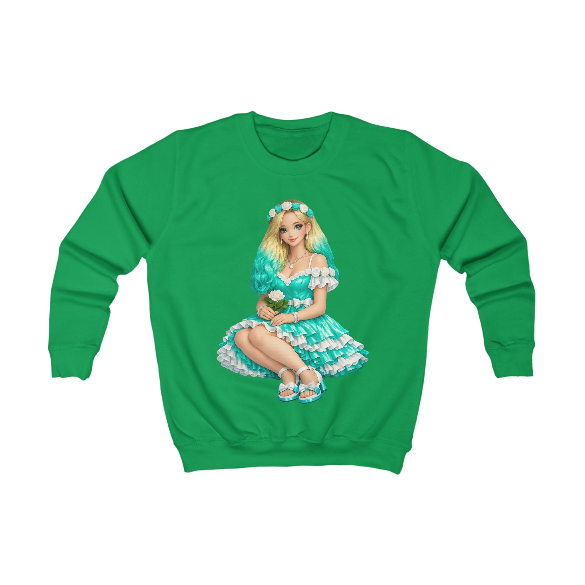 Kids Sweatshirt — Teal Doll Girl Graphic Pullover for Children