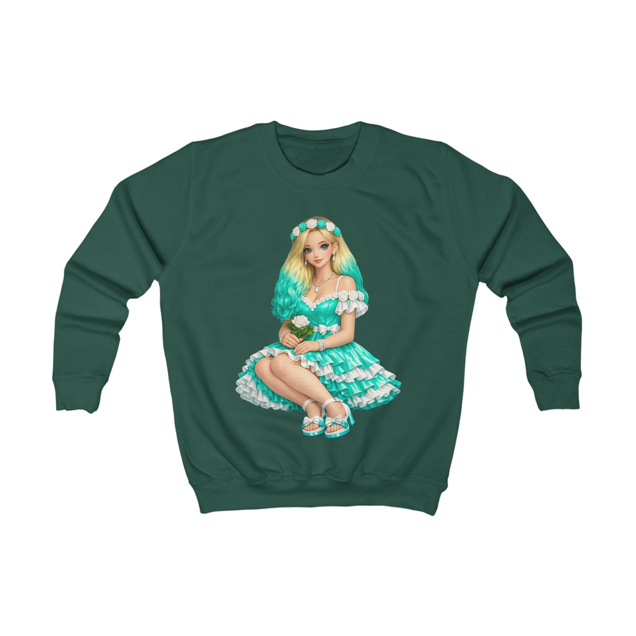 Kids Sweatshirt — Teal Doll Girl Graphic Pullover for Children