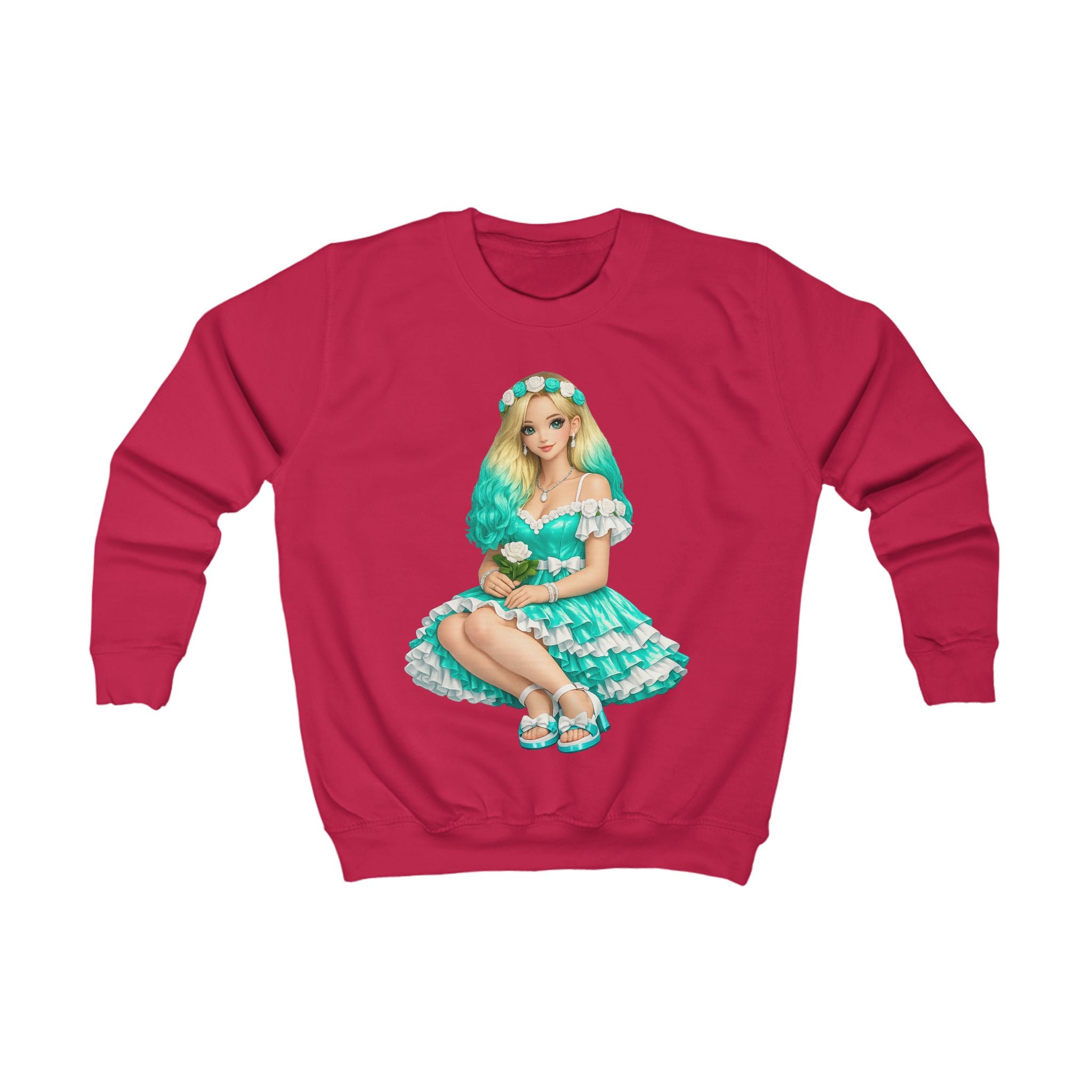 Kids Sweatshirt — Teal Doll Girl Graphic Pullover for Children