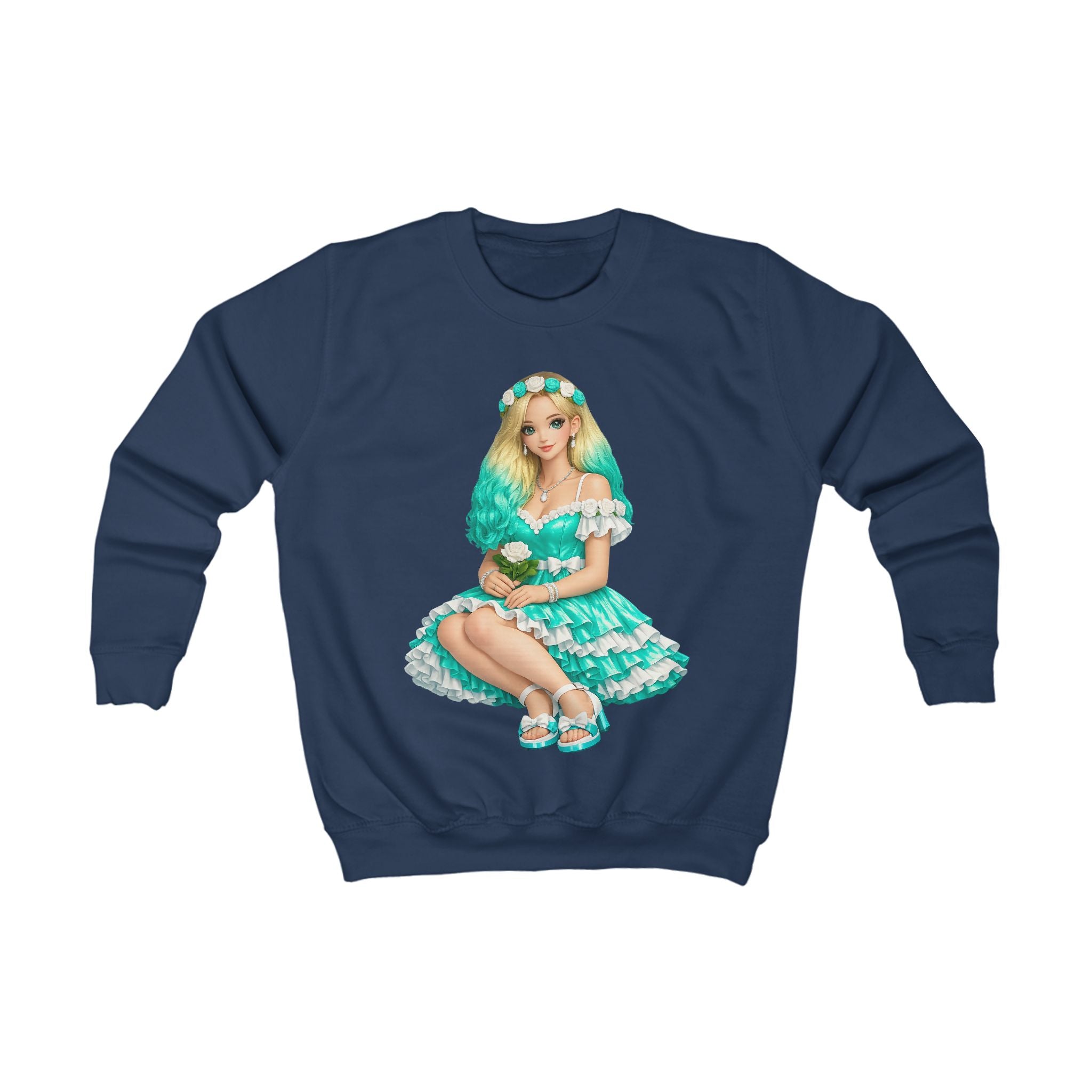 Kids Sweatshirt — Teal Doll Girl Graphic Pullover for Children
