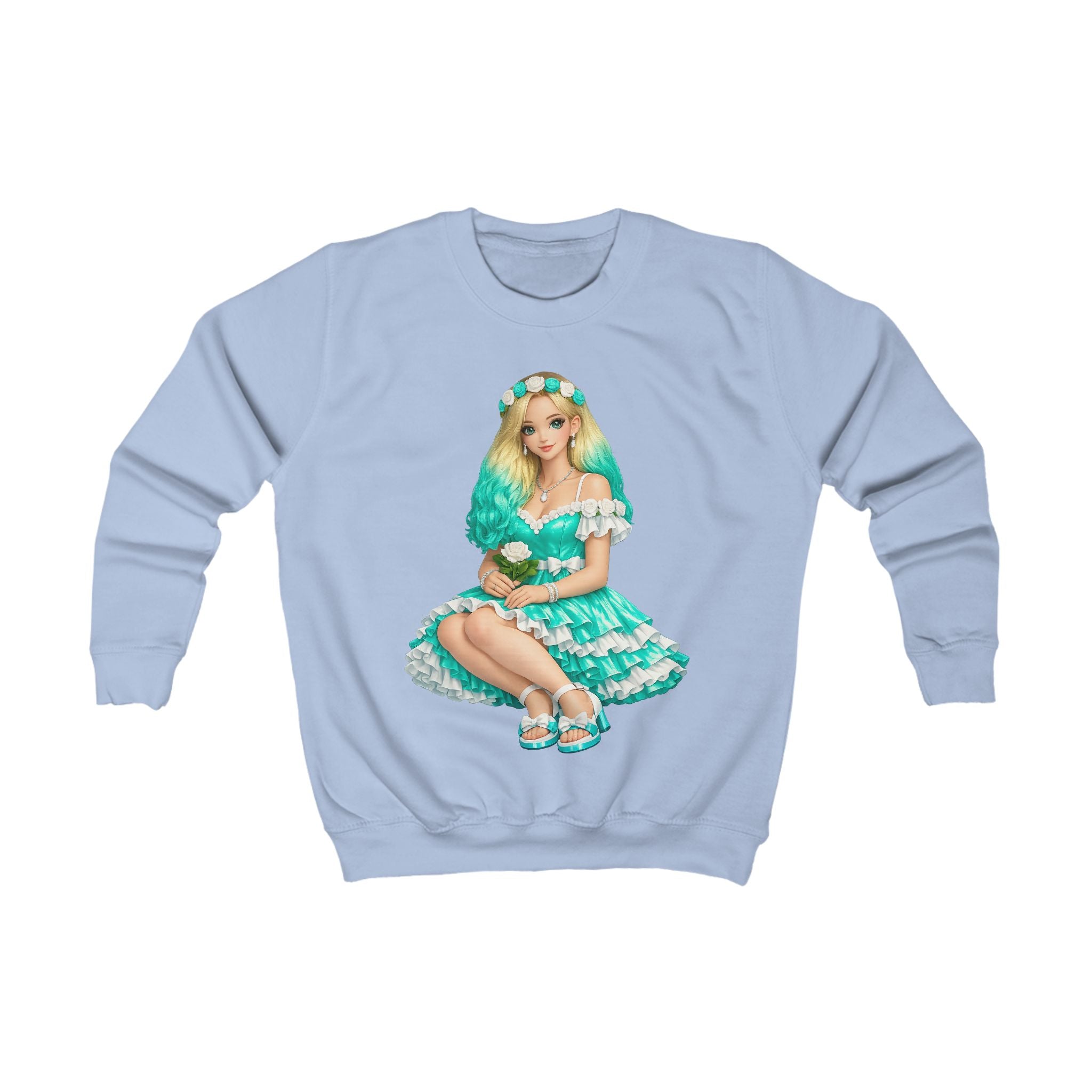 Kids Sweatshirt — Teal Doll Girl Graphic Pullover for Children