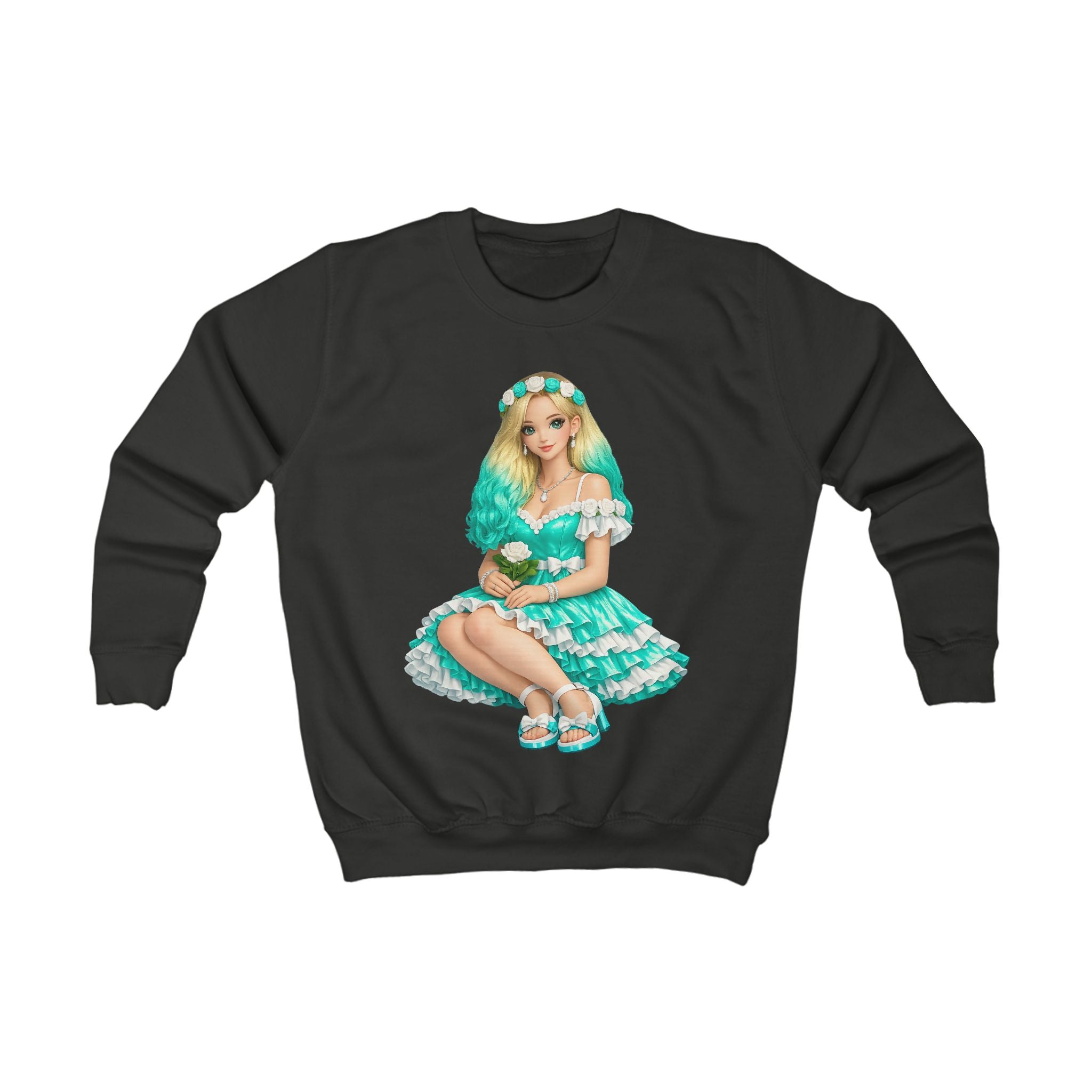 Kids Sweatshirt — Teal Doll Girl Graphic Pullover for Children