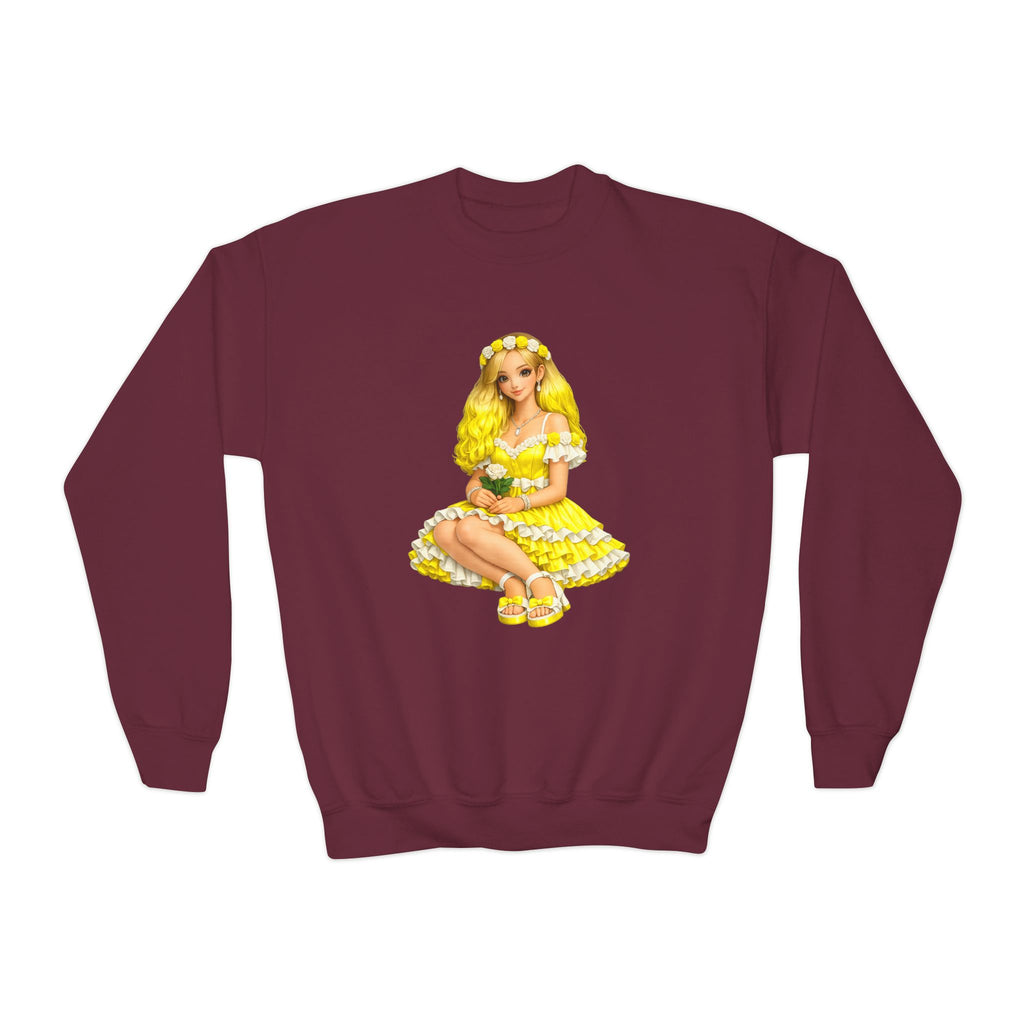 Yellow Daisy Girl Youth Sweatshirt — Cute Retro Floral Graphic Crewneck