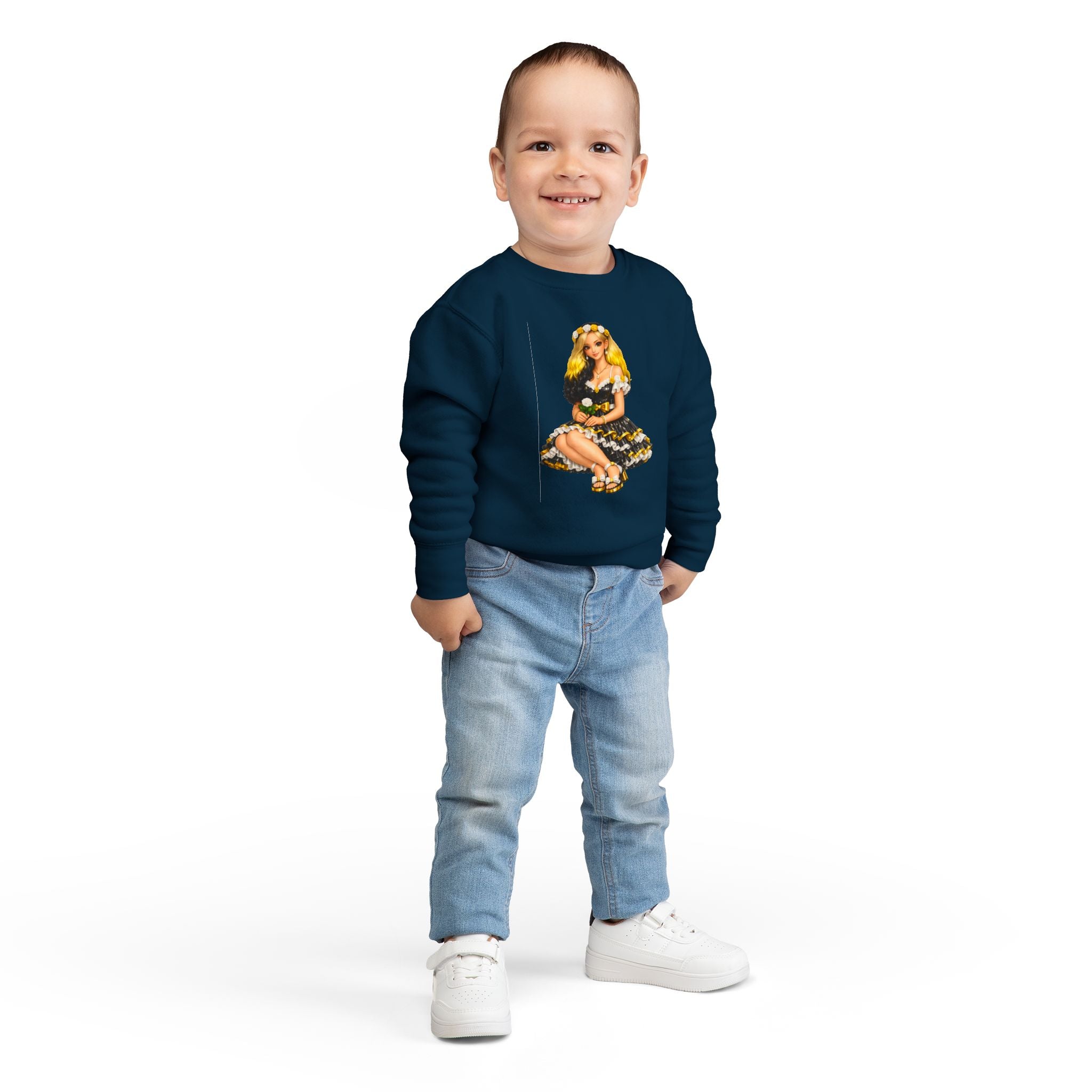 Toddler Sweatshirt — Vintage Doll in Yellow & Black Floral Dress Kids Pullover