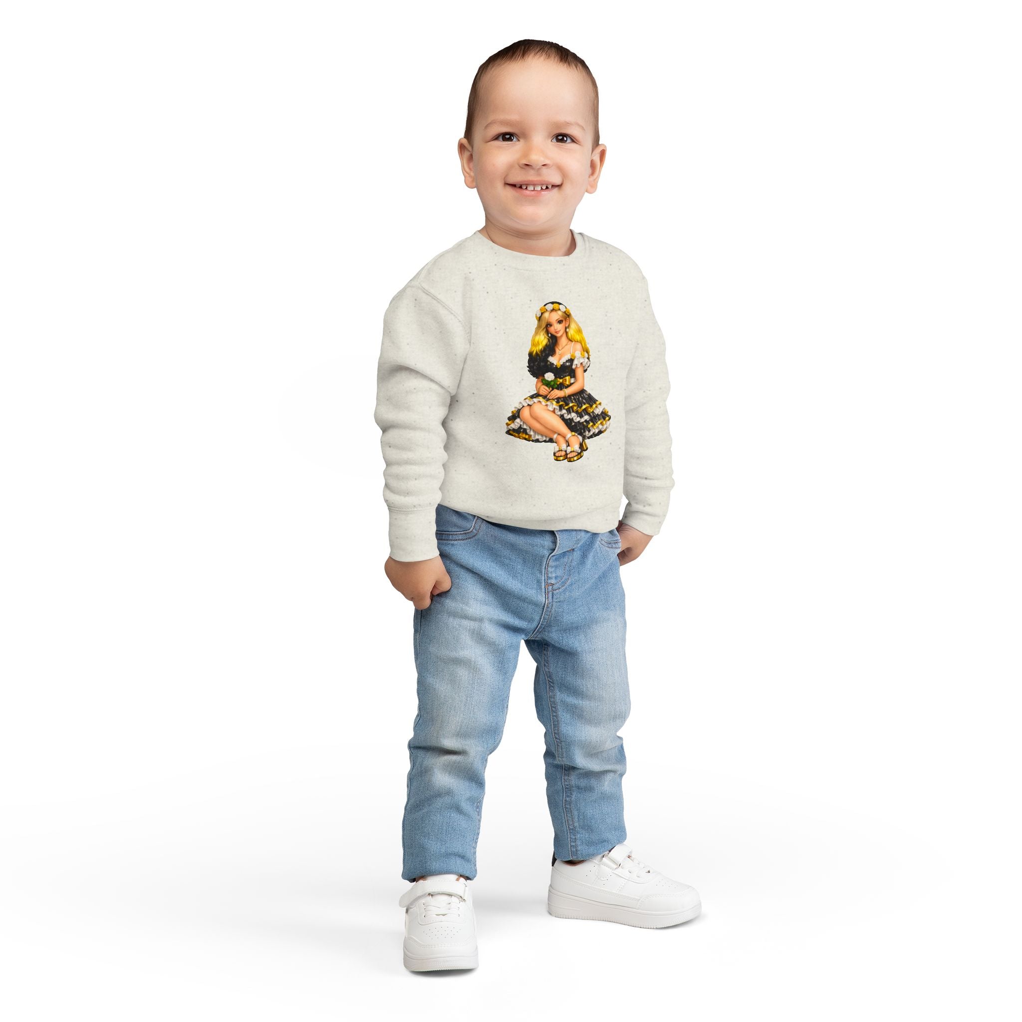 Toddler Sweatshirt — Vintage Doll in Yellow & Black Floral Dress Kids Pullover