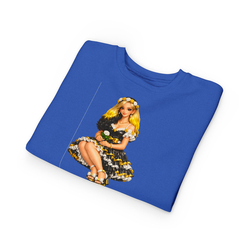 Toddler Sweatshirt — Vintage Doll in Yellow & Black Floral Dress Kids Pullover