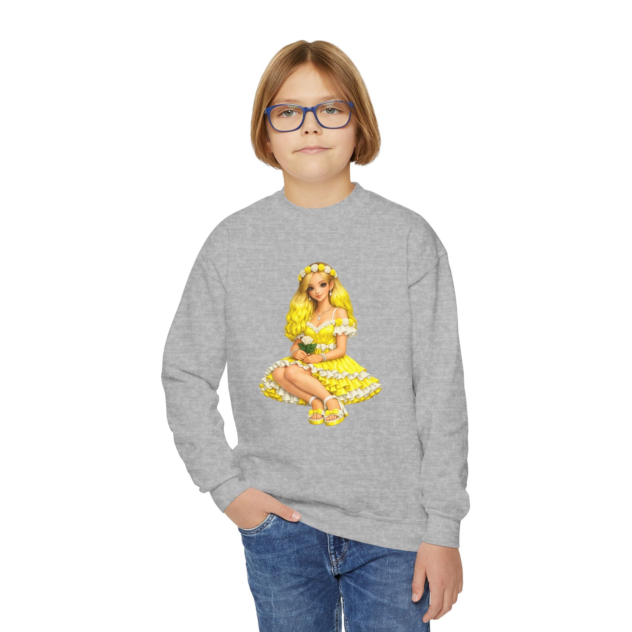 Yellow Daisy Girl Youth Sweatshirt — Cute Retro Floral Graphic Crewneck