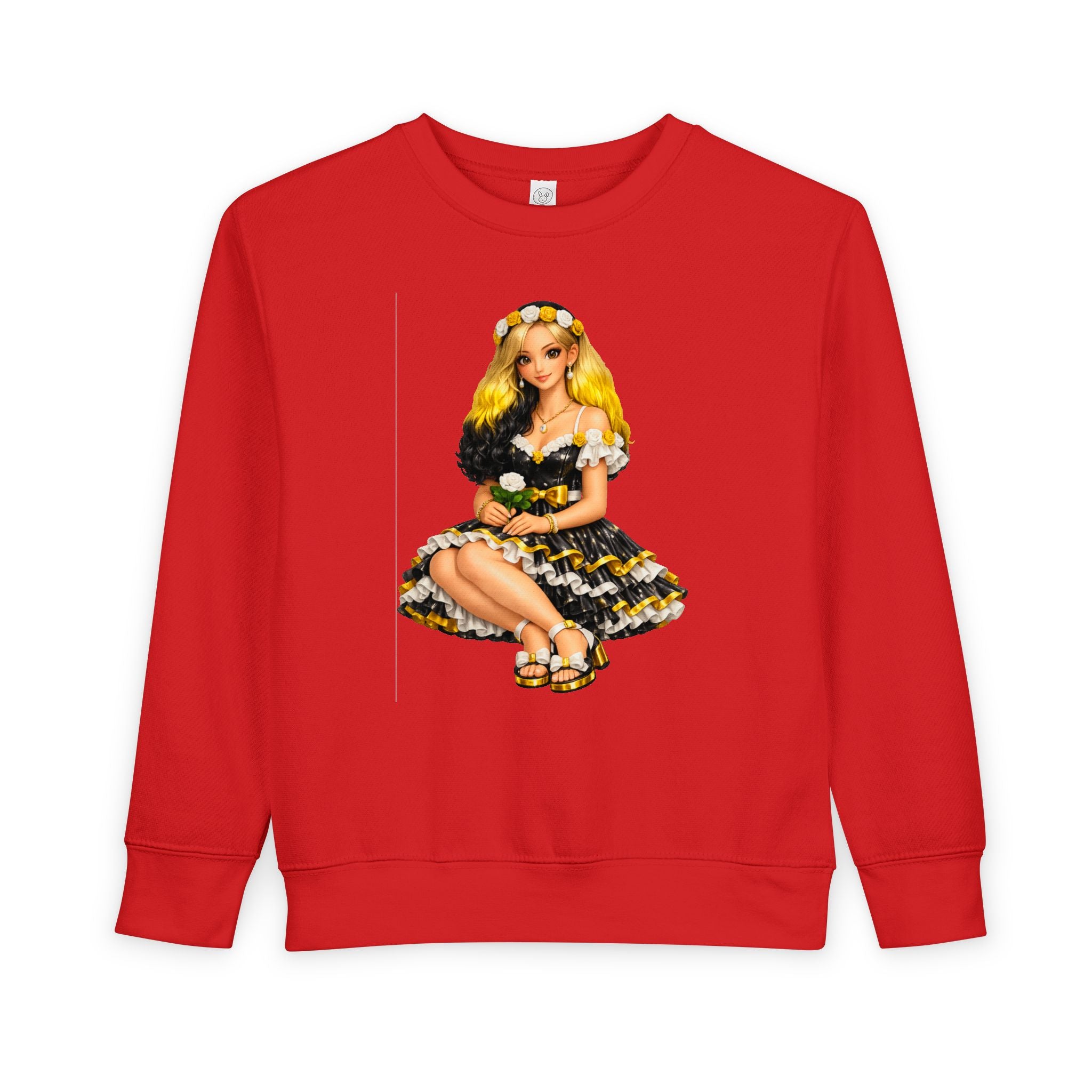 Toddler Sweatshirt — Vintage Doll in Yellow & Black Floral Dress Kids Pullover
